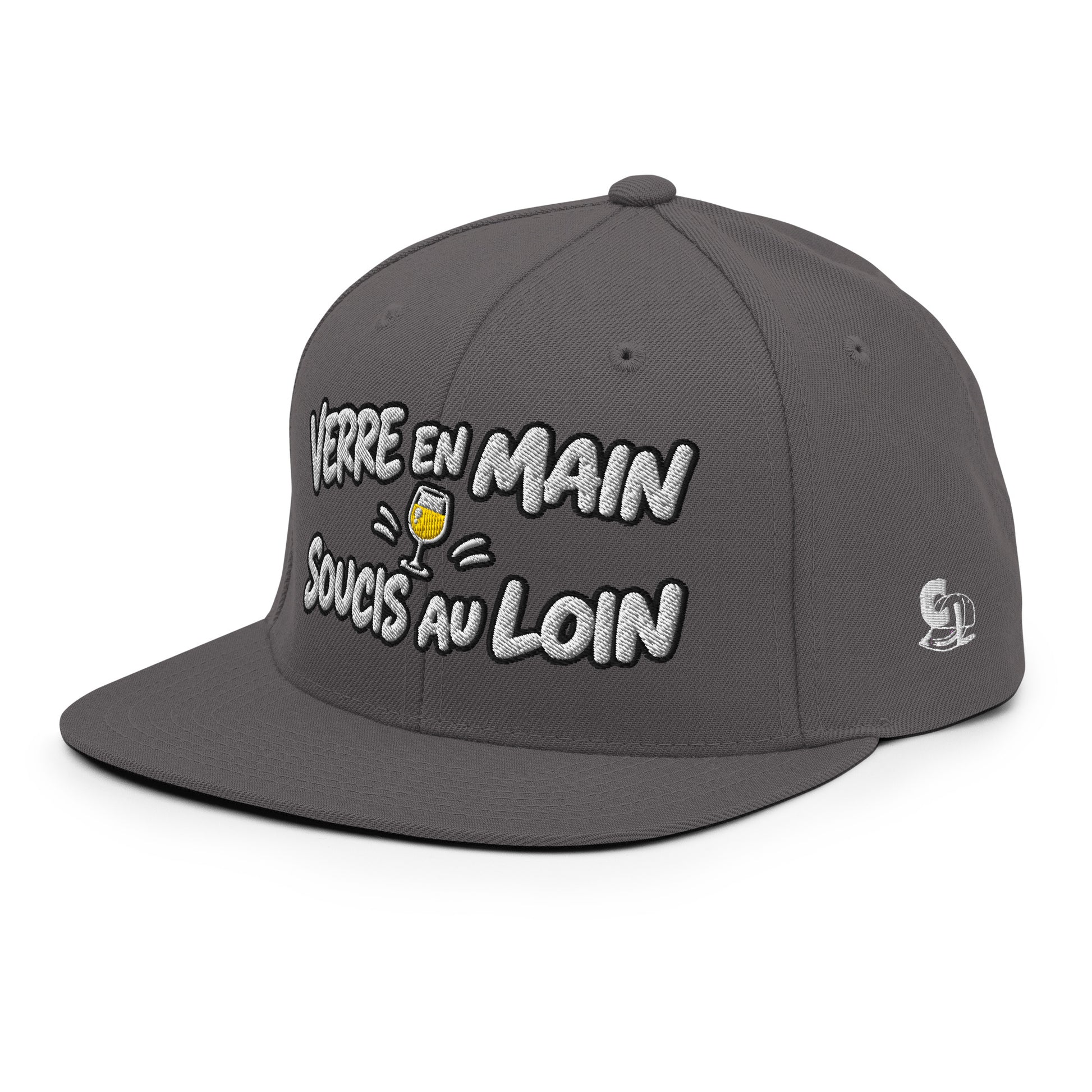 Casquette Snapback, brodée « Verre en main, souci au loin », en Gris Foncé, vue de trois quarts, image 80
