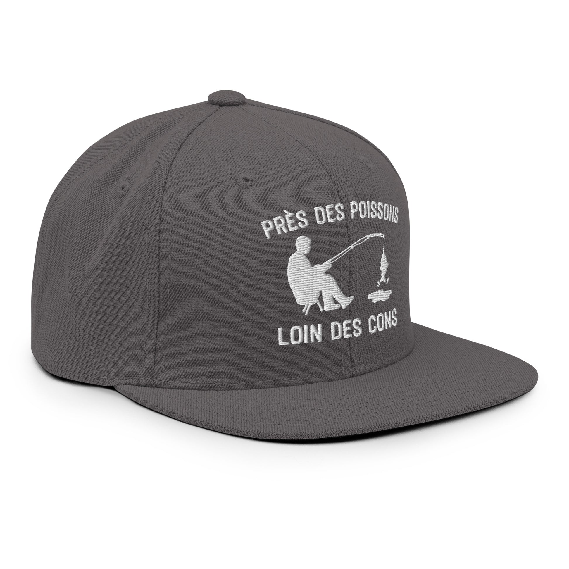 Casquette Snapback, brodée « Près des poissons, loin des cons », en Gris Foncé, vue de trois quarts, image 87