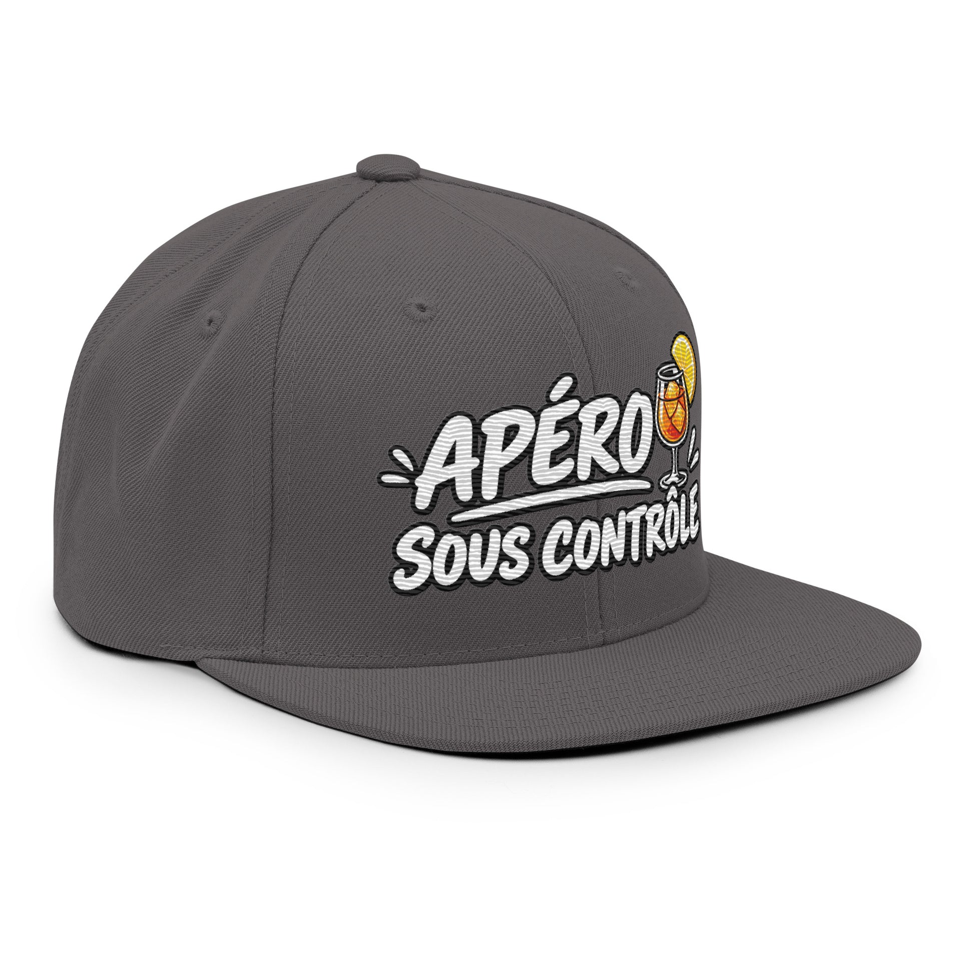 Casquette Snapback, brodée « Apéro sous contrôle », en Gris Foncé, vue de trois quarts, image 82