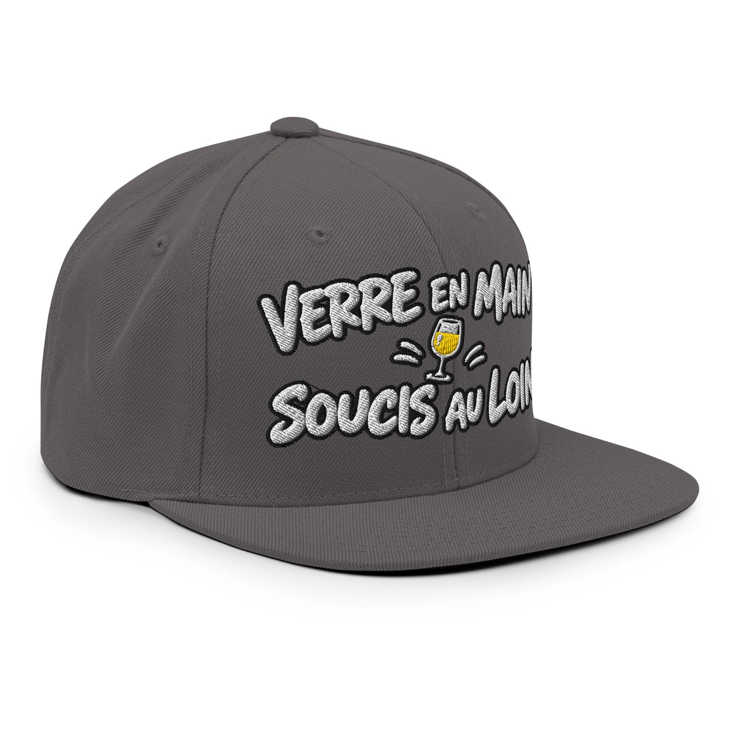 Casquette Snapback, brodée « Verre en main, souci au loin », en Gris Foncé, vue de trois quarts, image 82