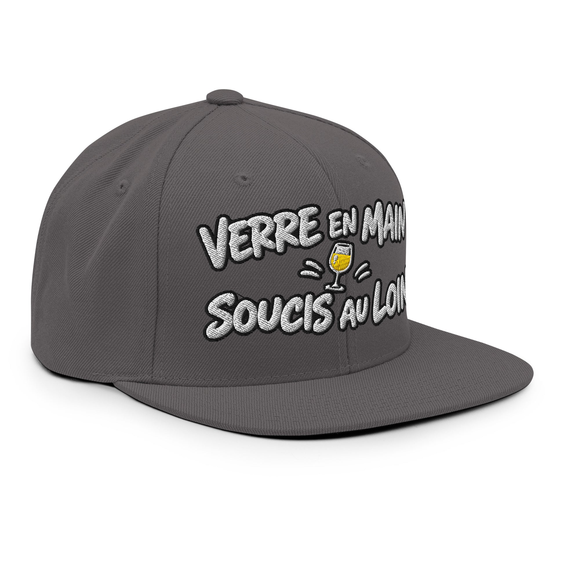 Casquette Snapback, brodée « Verre en main, souci au loin », en Gris Foncé, vue de trois quarts, image 82