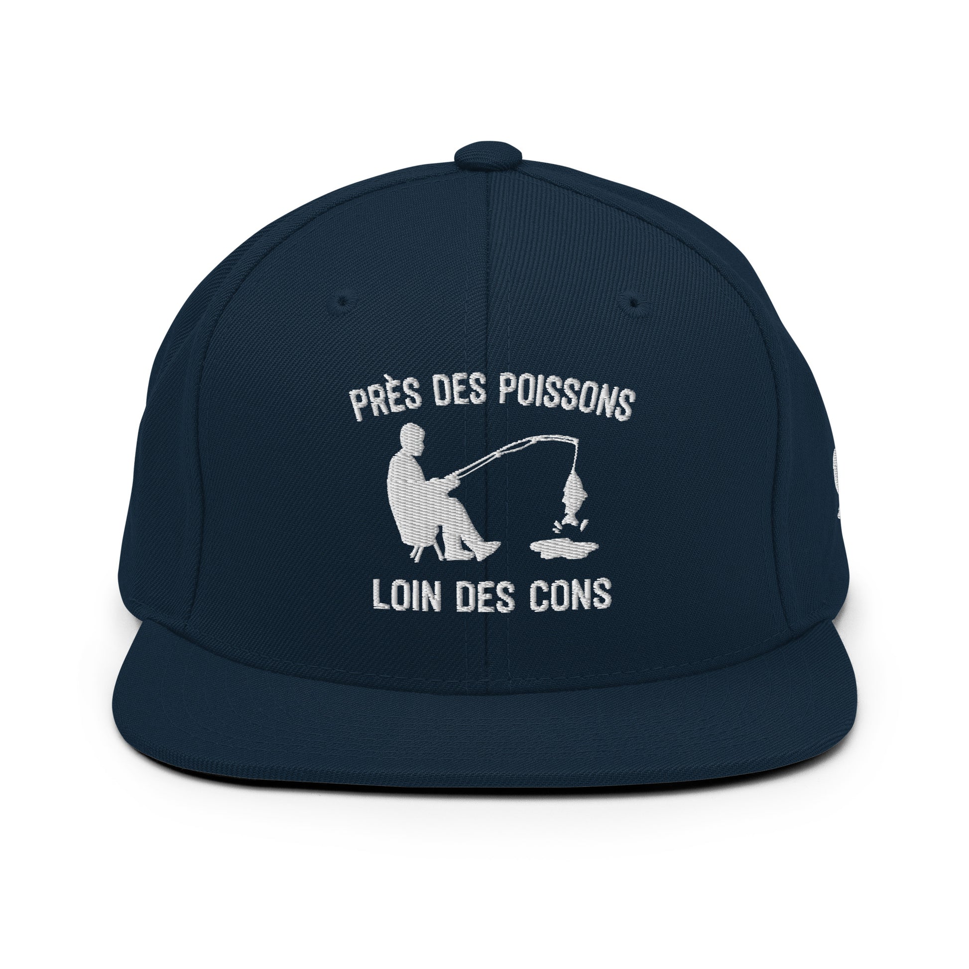 Casquette Snapback, brodée « Près des poissons, loin des cons », en Bleu Marine Foncé, vue de face, image 24