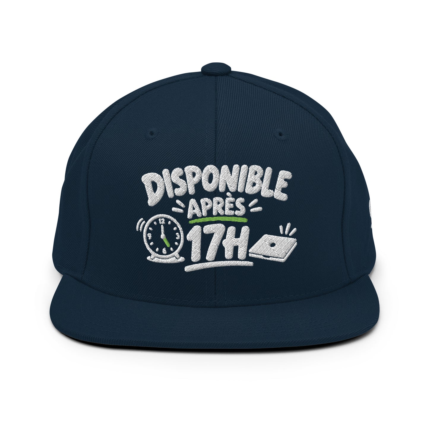 Casquette Snapback, brodée « Disponible après 17h », en Bleu Marine Foncé, vue de face, image 4