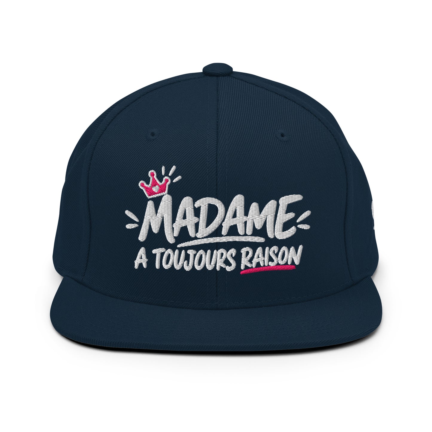 Casquette Snapback, brodée « Madame à toujours raison », en Bleu Marine Foncé, vue de face, image 2
