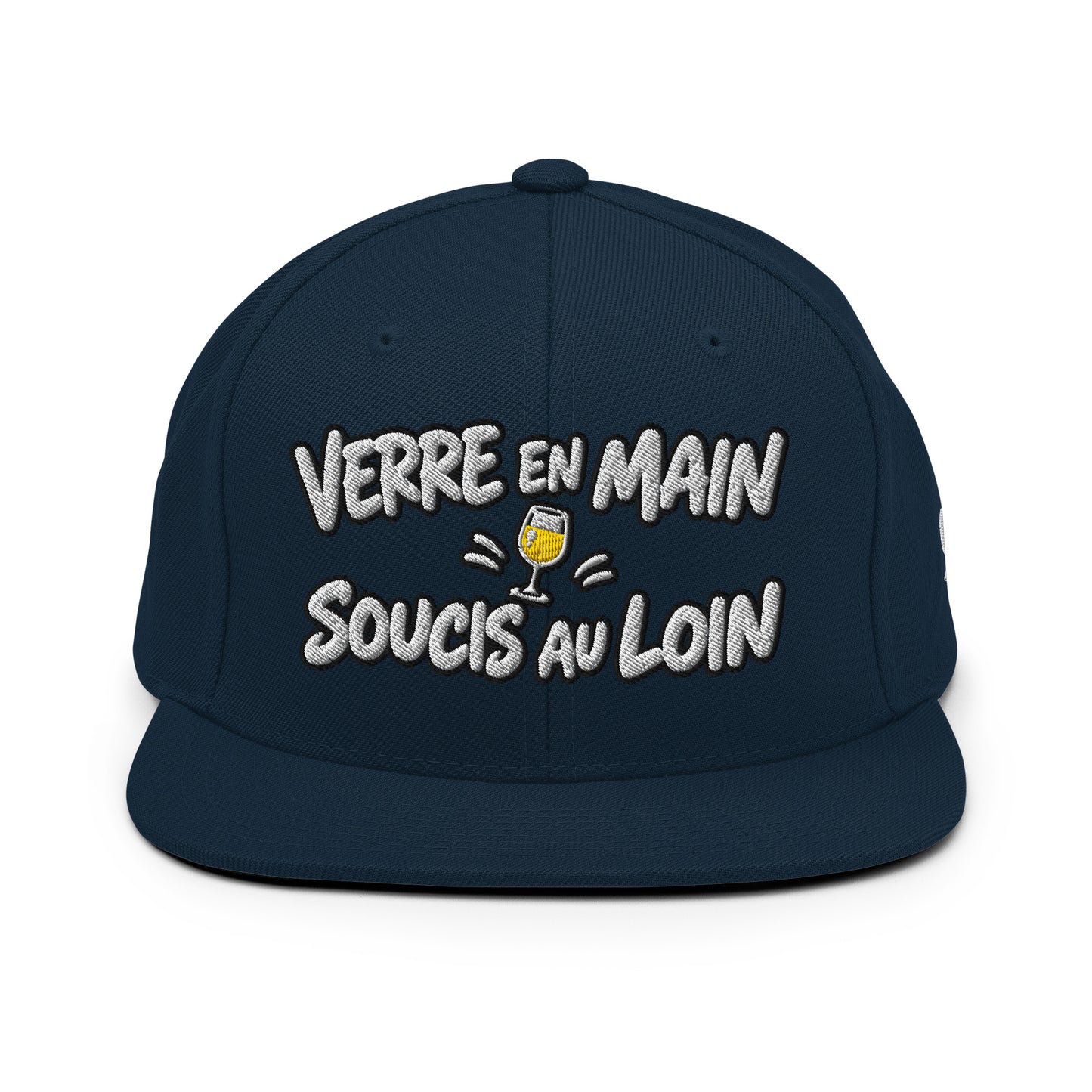 Casquette Snapback, brodée « Verre en main, souci au loin », en Bleu Marine Foncé, vue de face, image 3