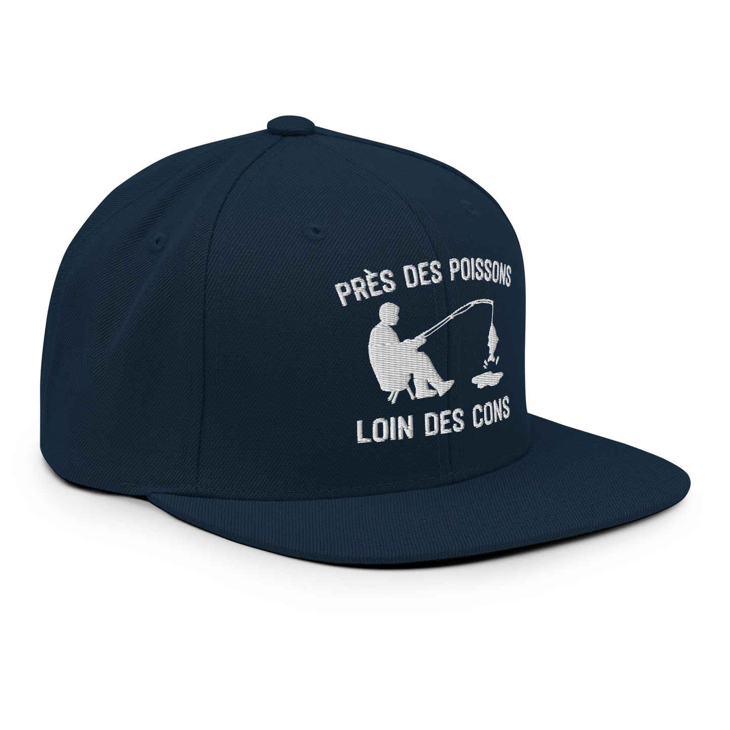 Casquette Snapback, brodée « Près des poissons, loin des cons », en Bleu Marine Foncé, vue de trois quarts, image 28