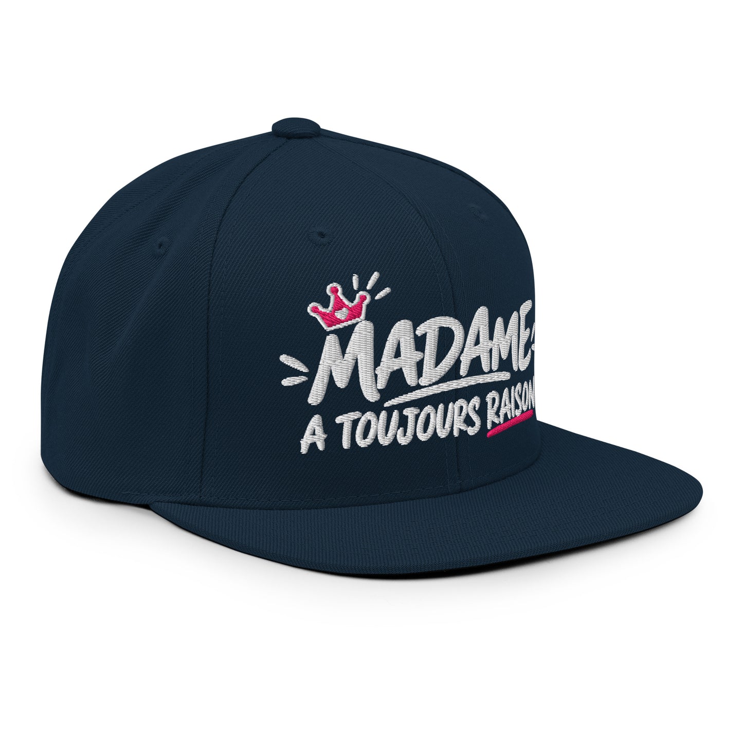 Casquette Snapback, brodée « Madame à toujours raison », en Bleu Marine Foncé, vue de trois quarts, image 22