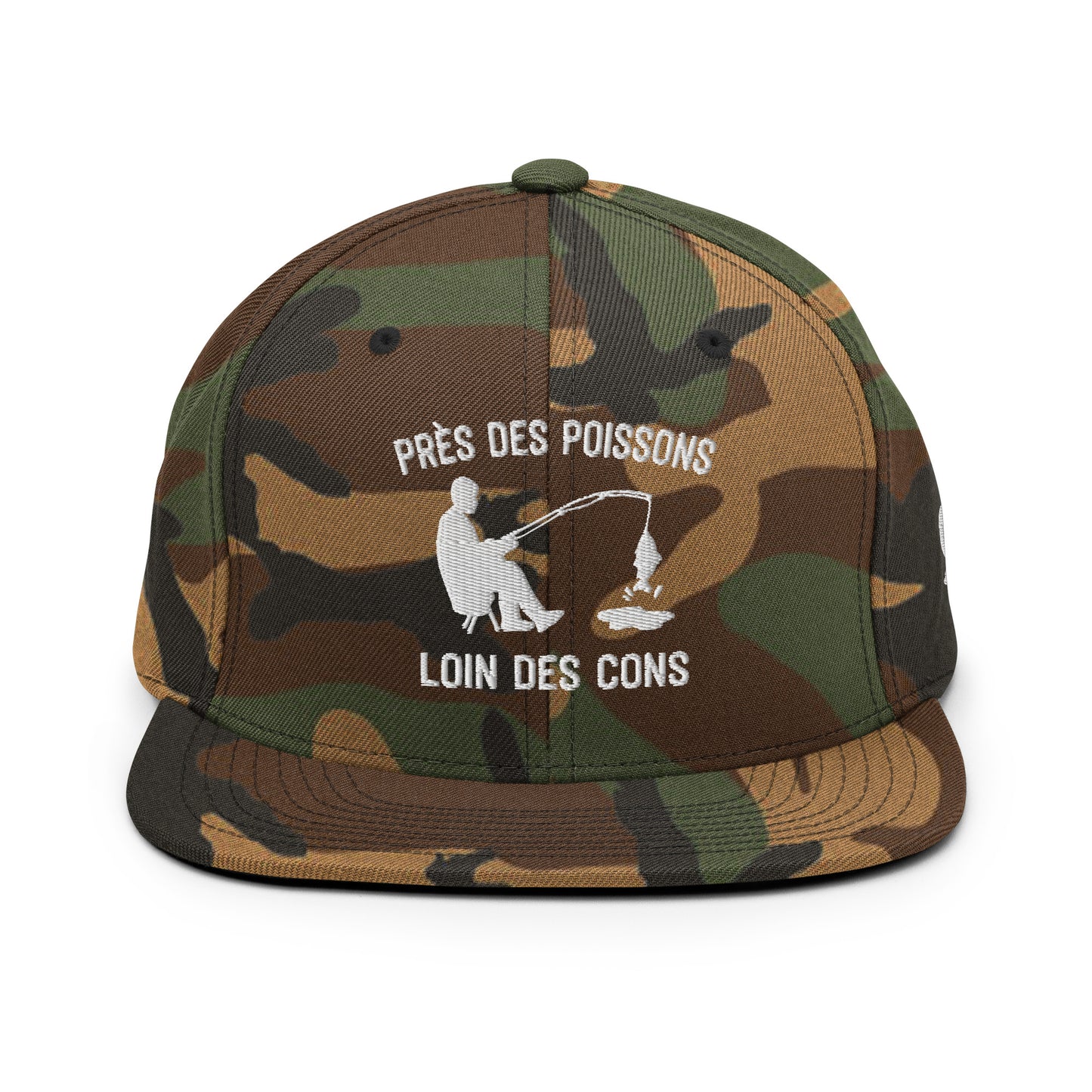 Casquette Snapback, brodée « Près des poissons, loin des cons », en Camouflage Vert, vue de face, image 16