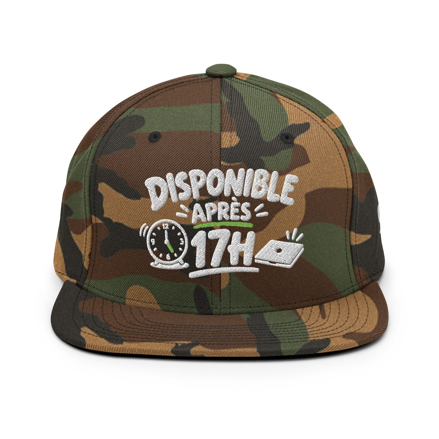 Casquette Snapback, brodée « Disponible après 17h », en Camouflage Vert, vue de face, image 7