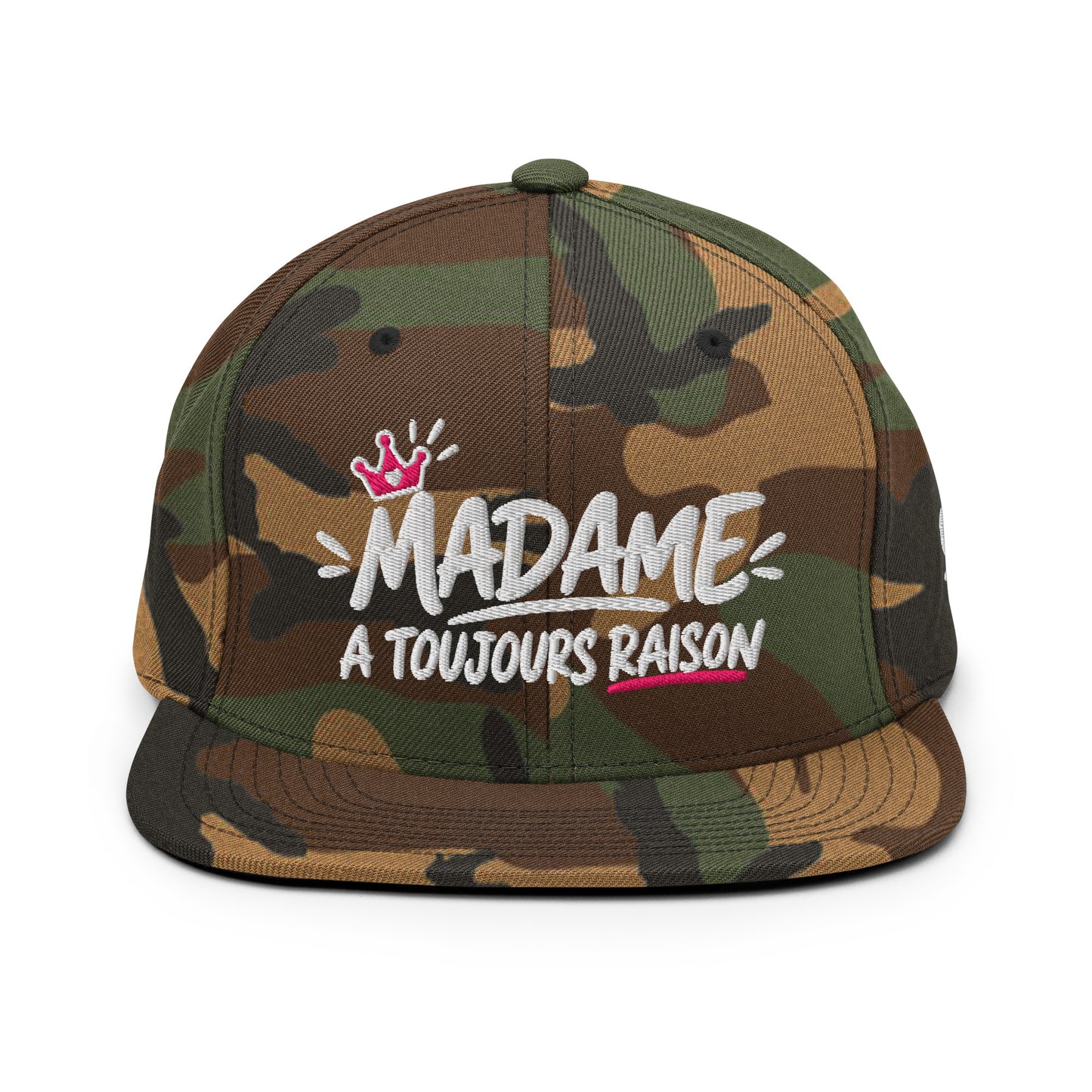 Casquette Snapback, brodée « Madame à toujours raison », en Camouflage Vert, vue de face, image 3