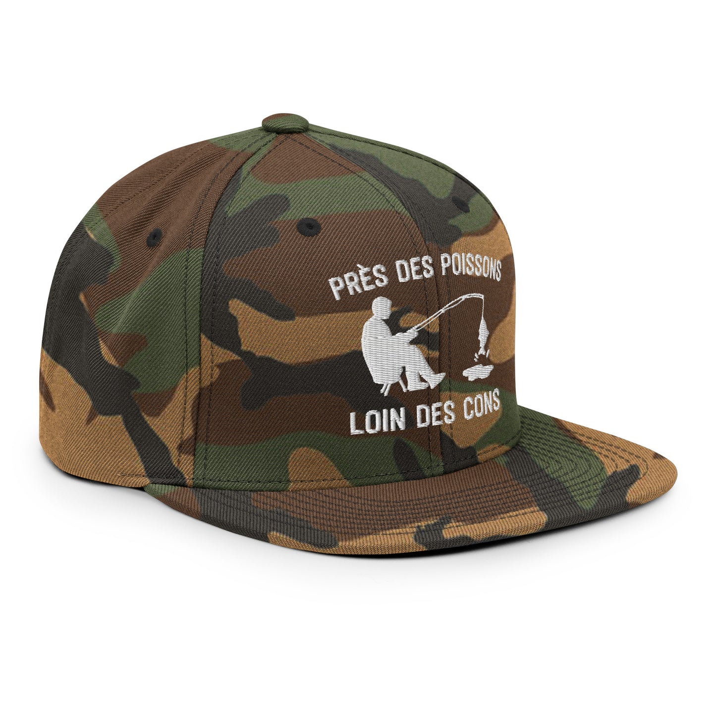 Casquette Snapback, brodée « Près des poissons, loin des cons », en Camouflage Vert, vue de trois quarts, image 82