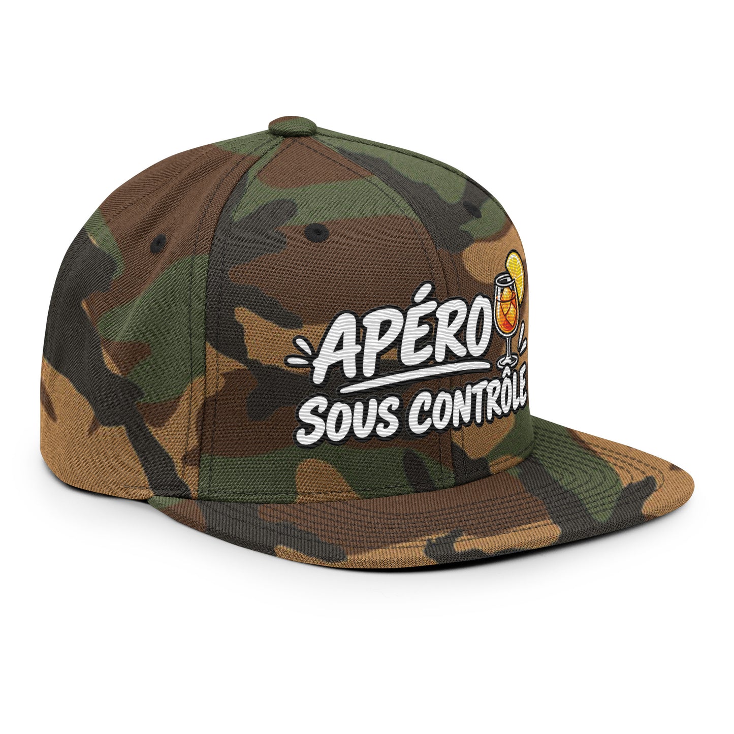 Casquette Snapback, brodée « Apéro sous contrôle », en Camouflage Vert, vue de trois quarts, image 77