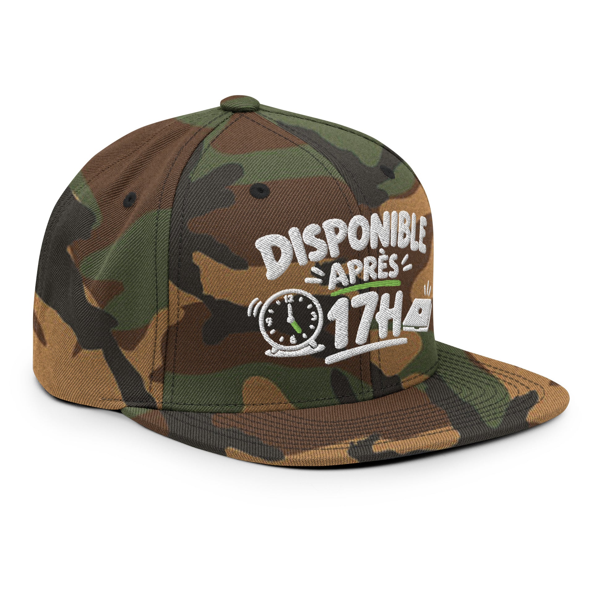 Casquette Snapback, brodée « Disponible après 17h », en Camouflage Vert, vue de trois quarts, image 77
