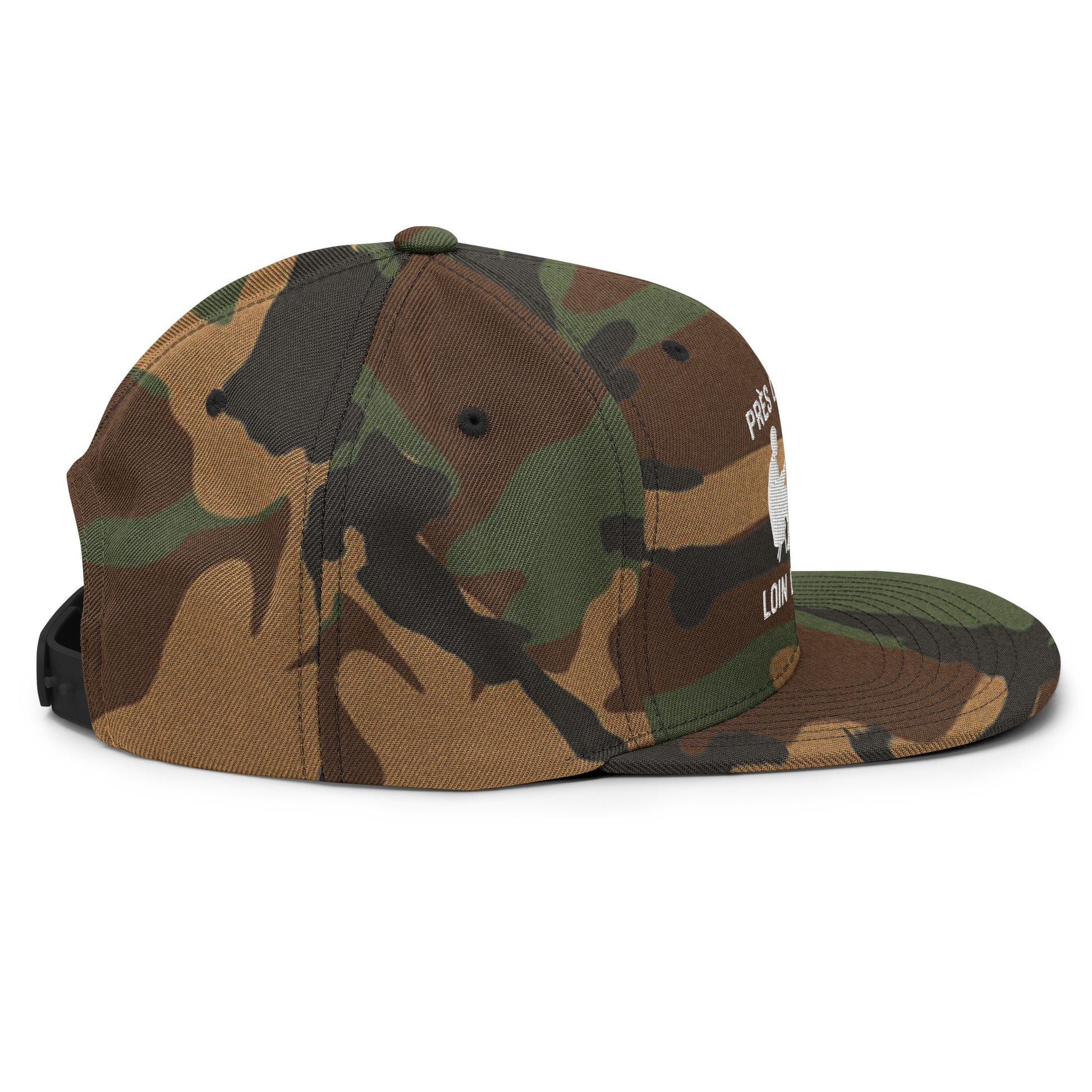 Casquette Snapback, brodée « Près des poissons, loin des cons », en Camouflage Vert, vue de côté, image 83