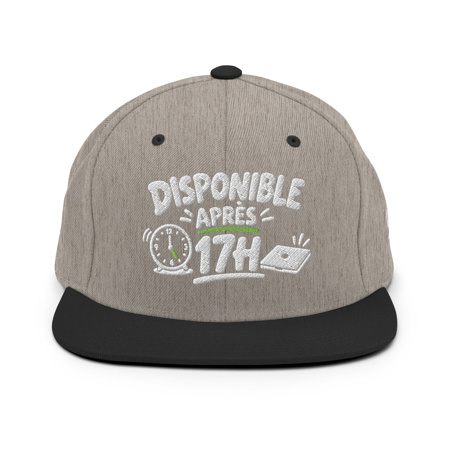 Casquette Snapback, brodée « Disponible après 17h », en Noir, vue de face, image 2