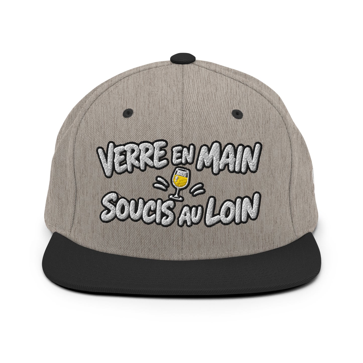 Casquette Snapback, brodée « Verre en main, souci au loin », en Noir, vue de face, image 88