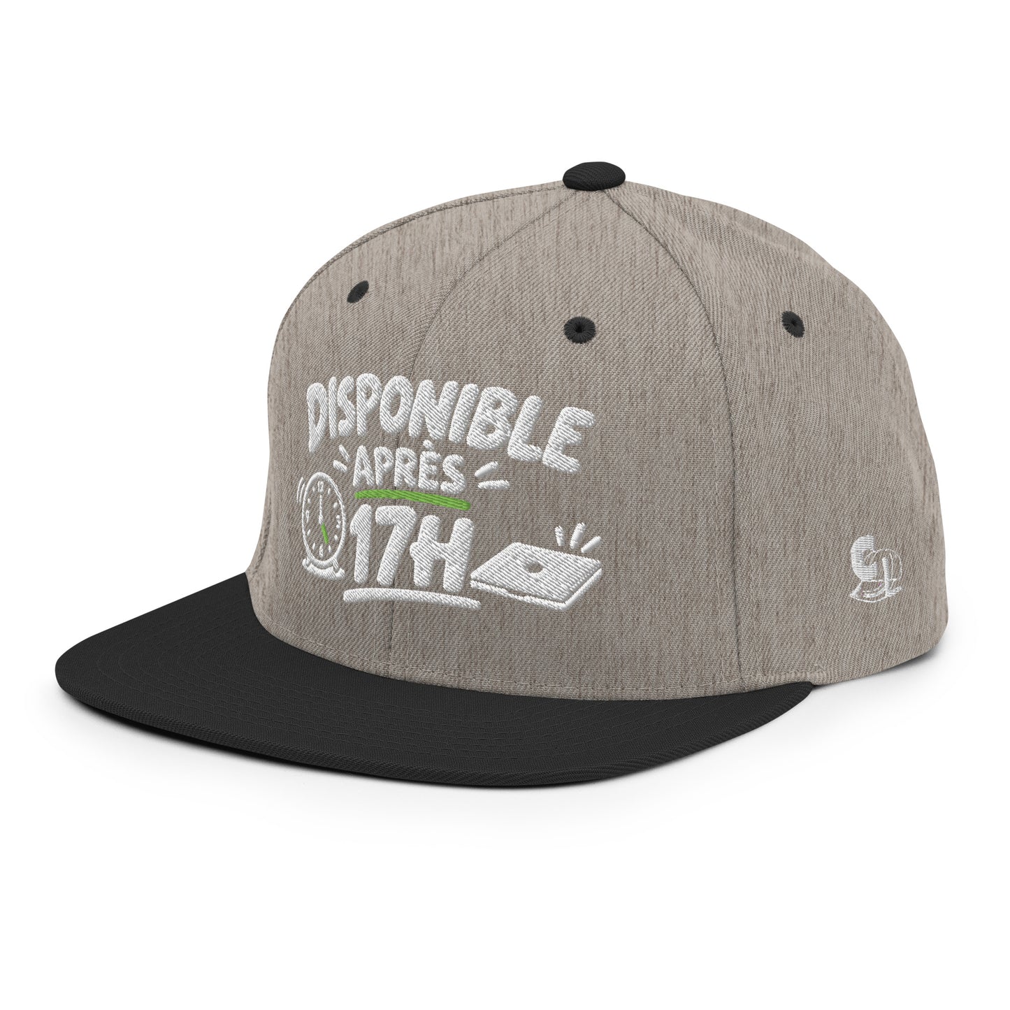 Casquette Snapback, brodée « Disponible après 17h », en Noir, vue de trois quarts, image 90