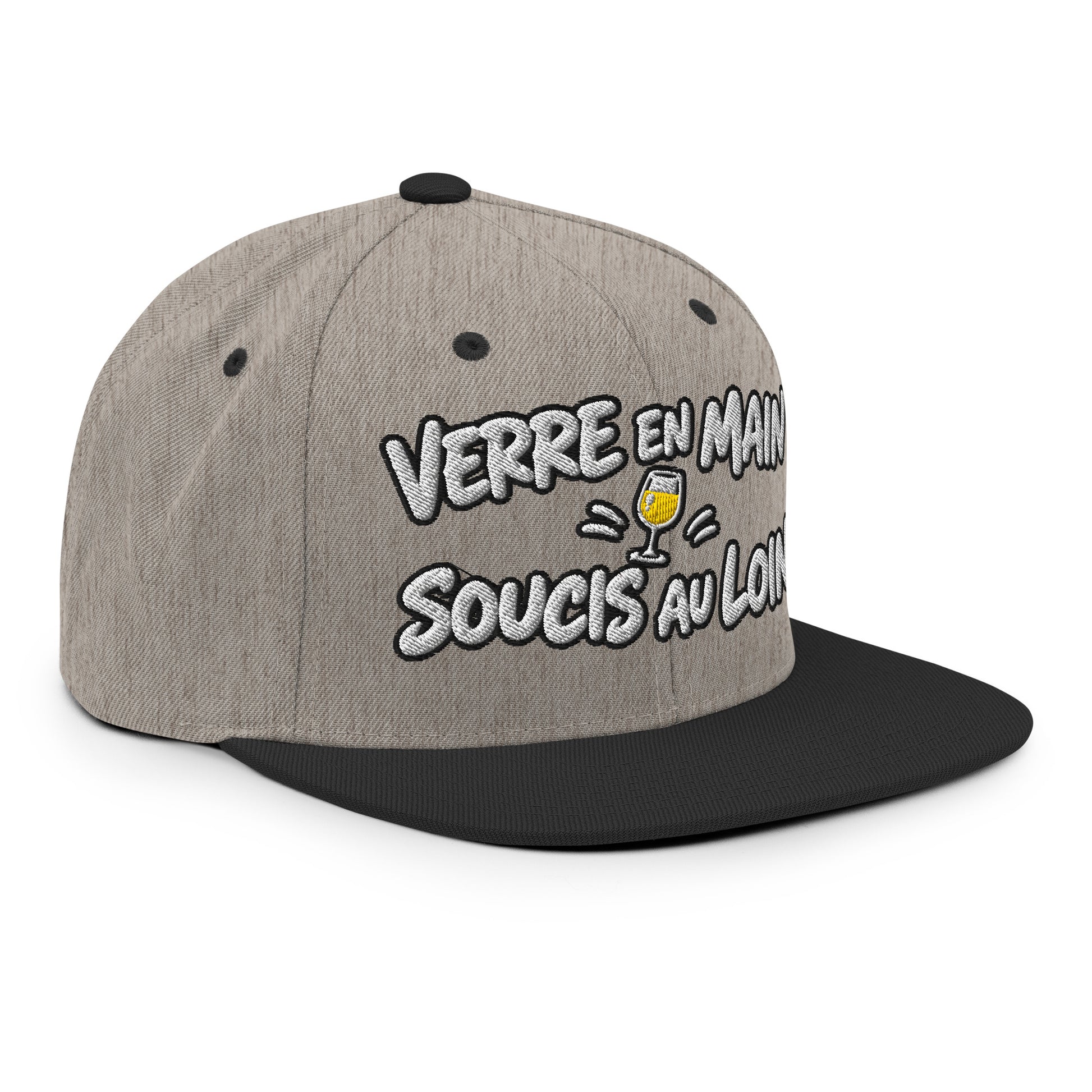 Casquette Snapback, brodée « Verre en main, souci au loin », en Noir, vue de trois quarts, image 92