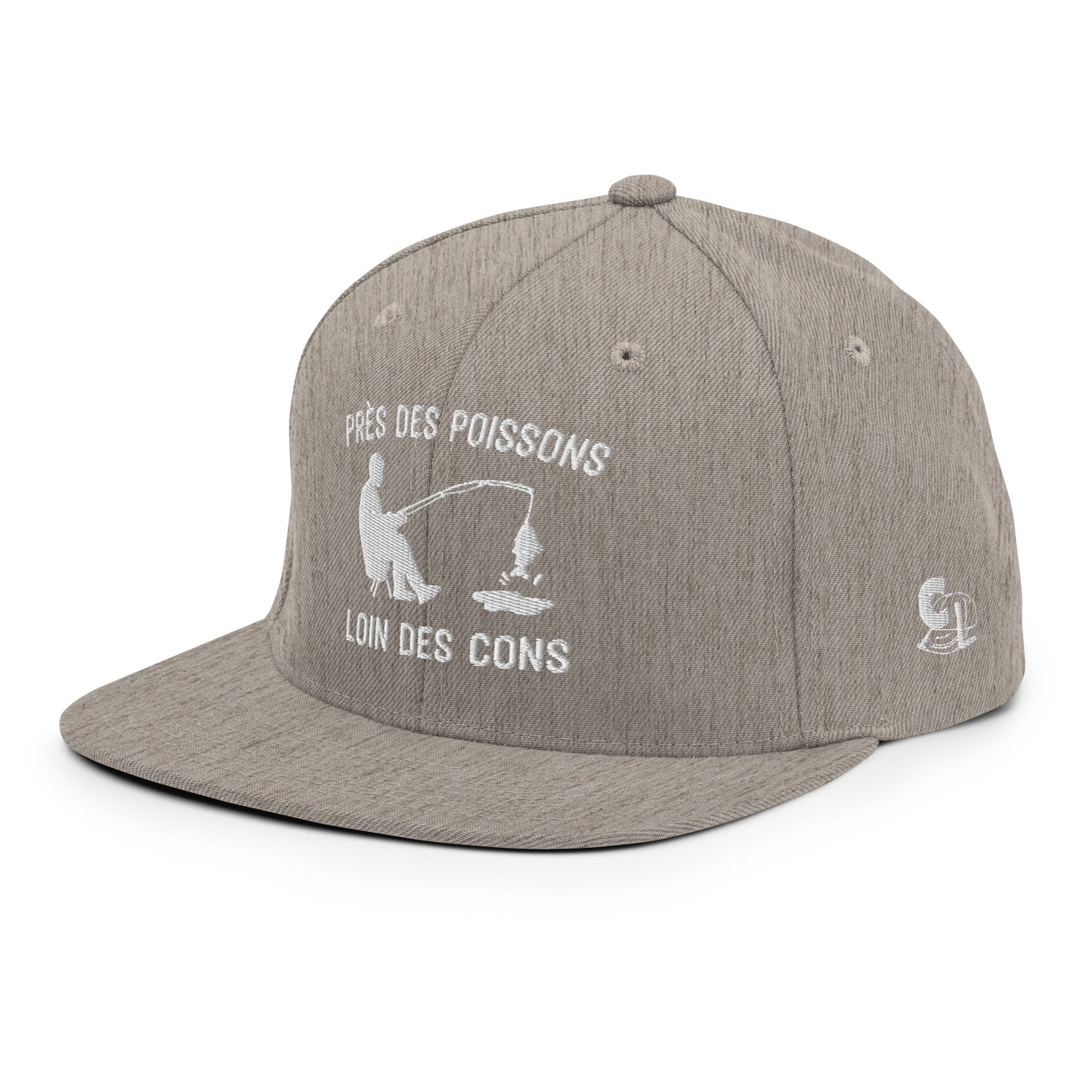 Casquette Snapback, brodée « Près des poissons, loin des cons », vue de trois quarts, image 100