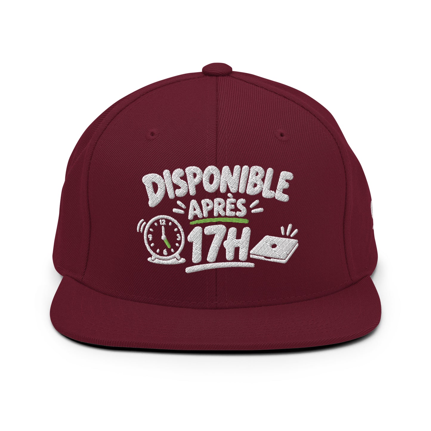 Casquette Snapback, brodée « Disponible après 17h », en Bordeaux, vue de face, image 14