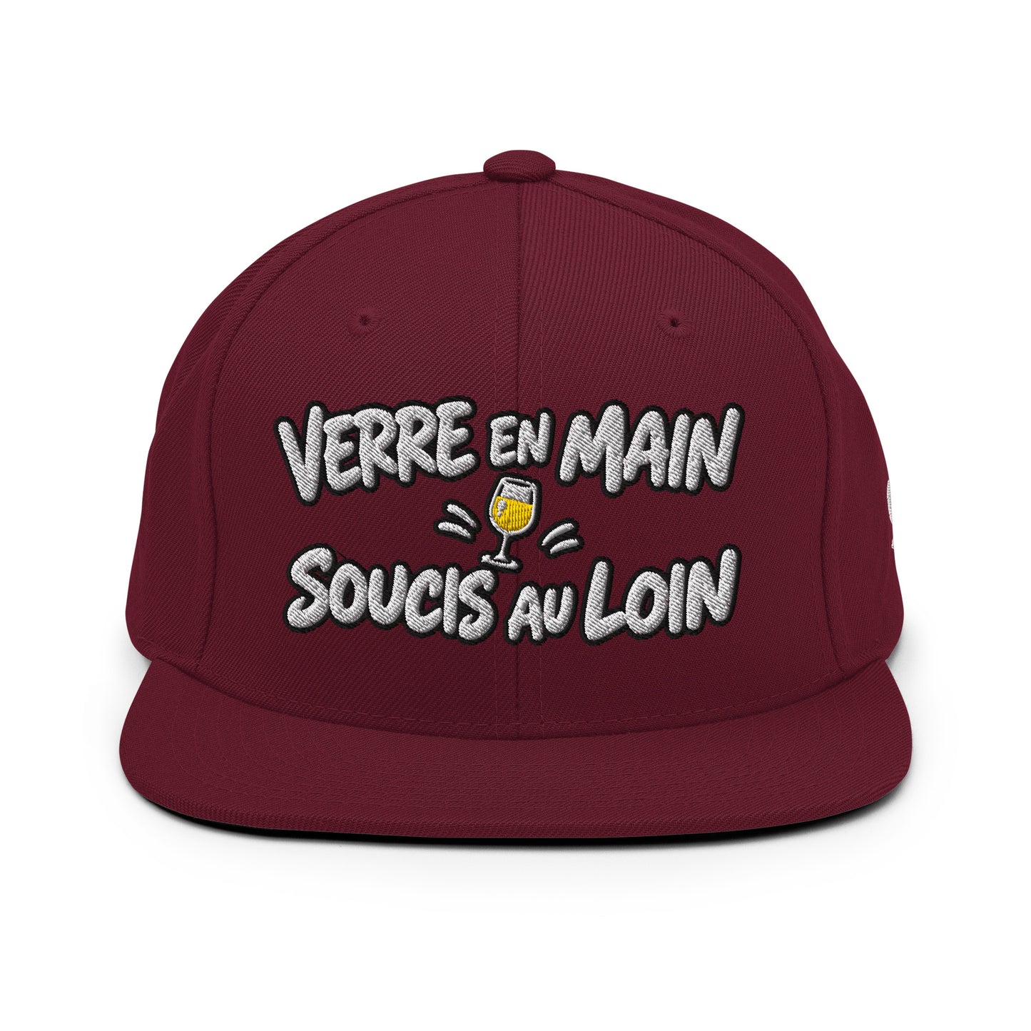 Casquette Snapback, brodée « Verre en main, souci au loin », en Bordeaux, vue de face, image 6