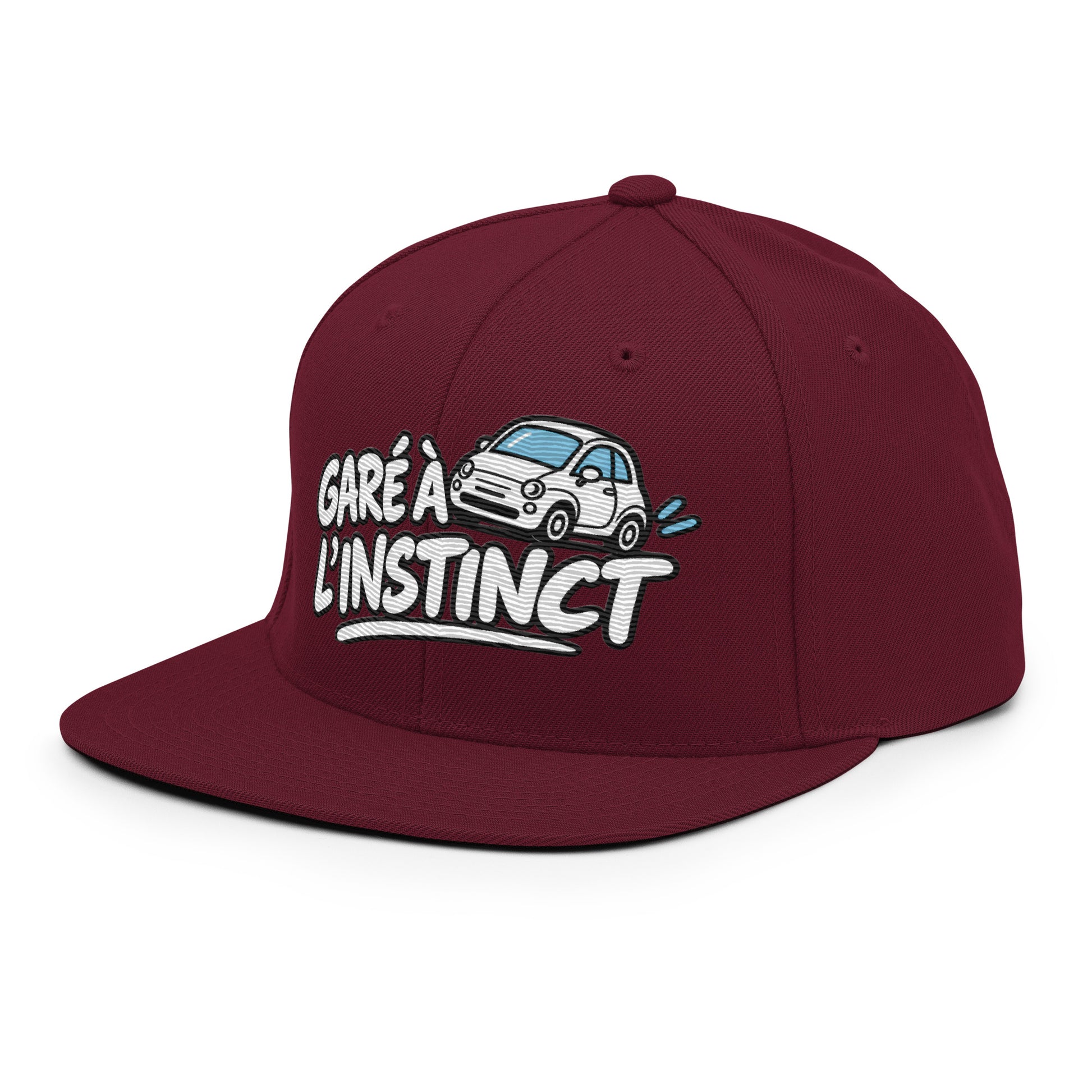 Casquette Snapback, brodée « Garé à l'instant », en Bordeaux, vue de trois quarts, image 50