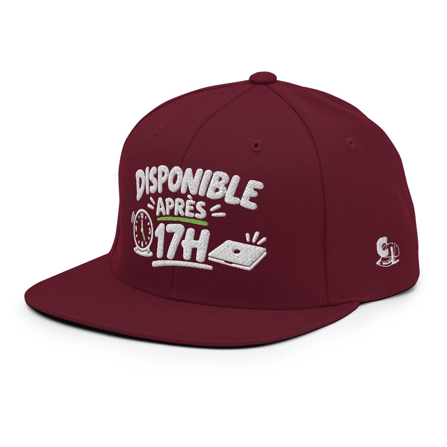 Casquette Snapback, brodée « Disponible après 17h », en Bordeaux, vue de trois quarts, image 51