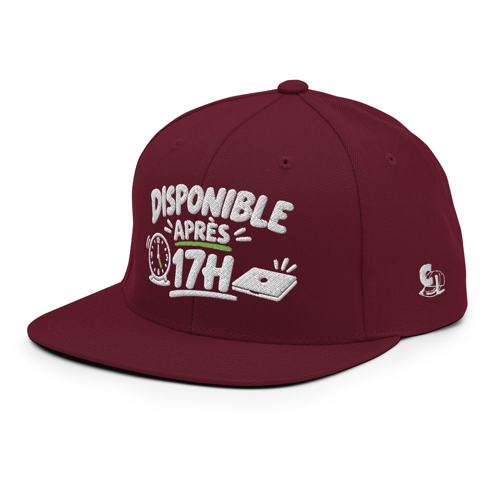 Casquette Snapback, brodée « Disponible après 17h », en Bordeaux, vue de trois quarts, image 51