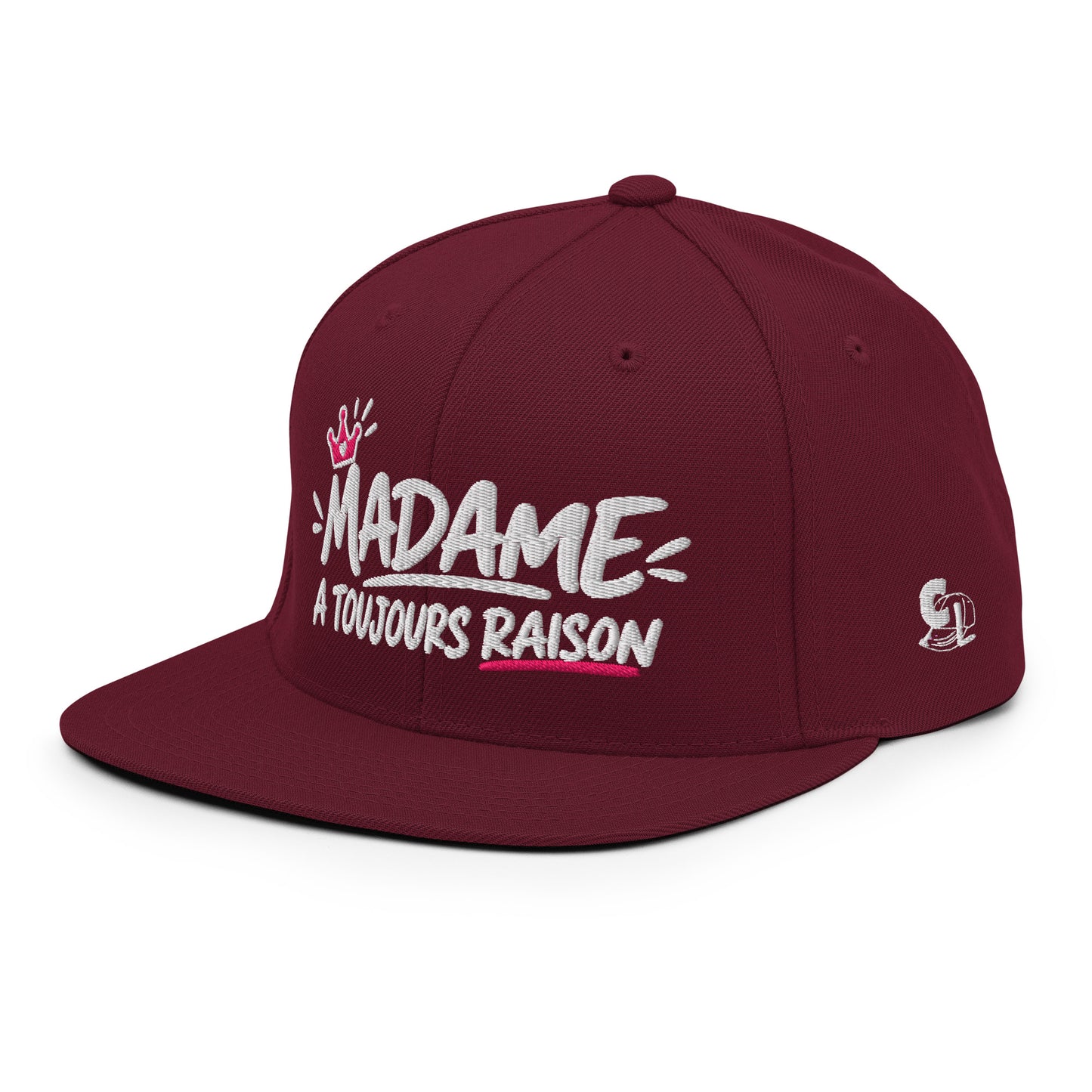 Casquette Snapback, brodée « Madame à toujours raison », en Bordeaux, vue de trois quarts, image 49