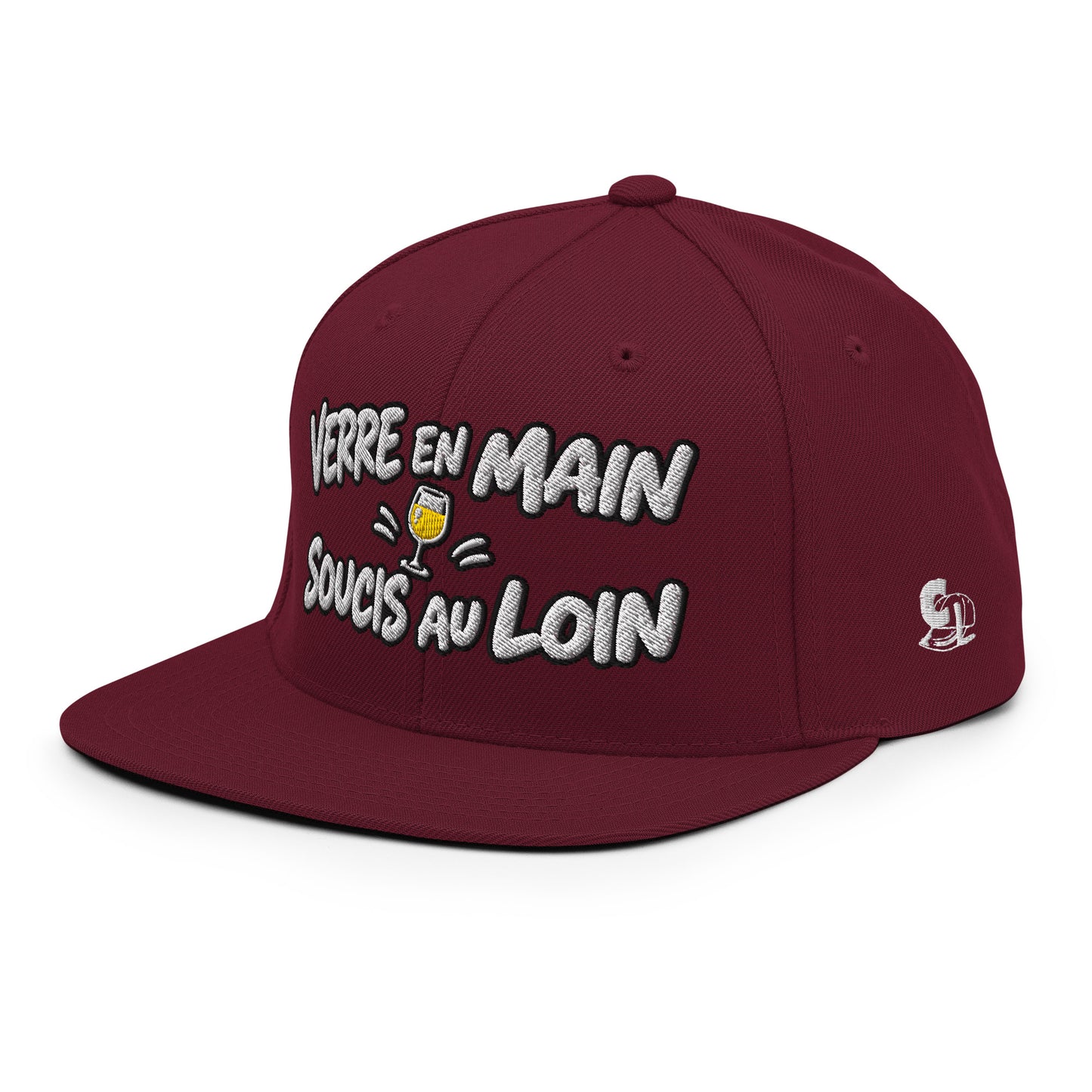 Casquette Snapback, brodée « Verre en main, souci au loin », en Bordeaux, vue de trois quarts, image 50