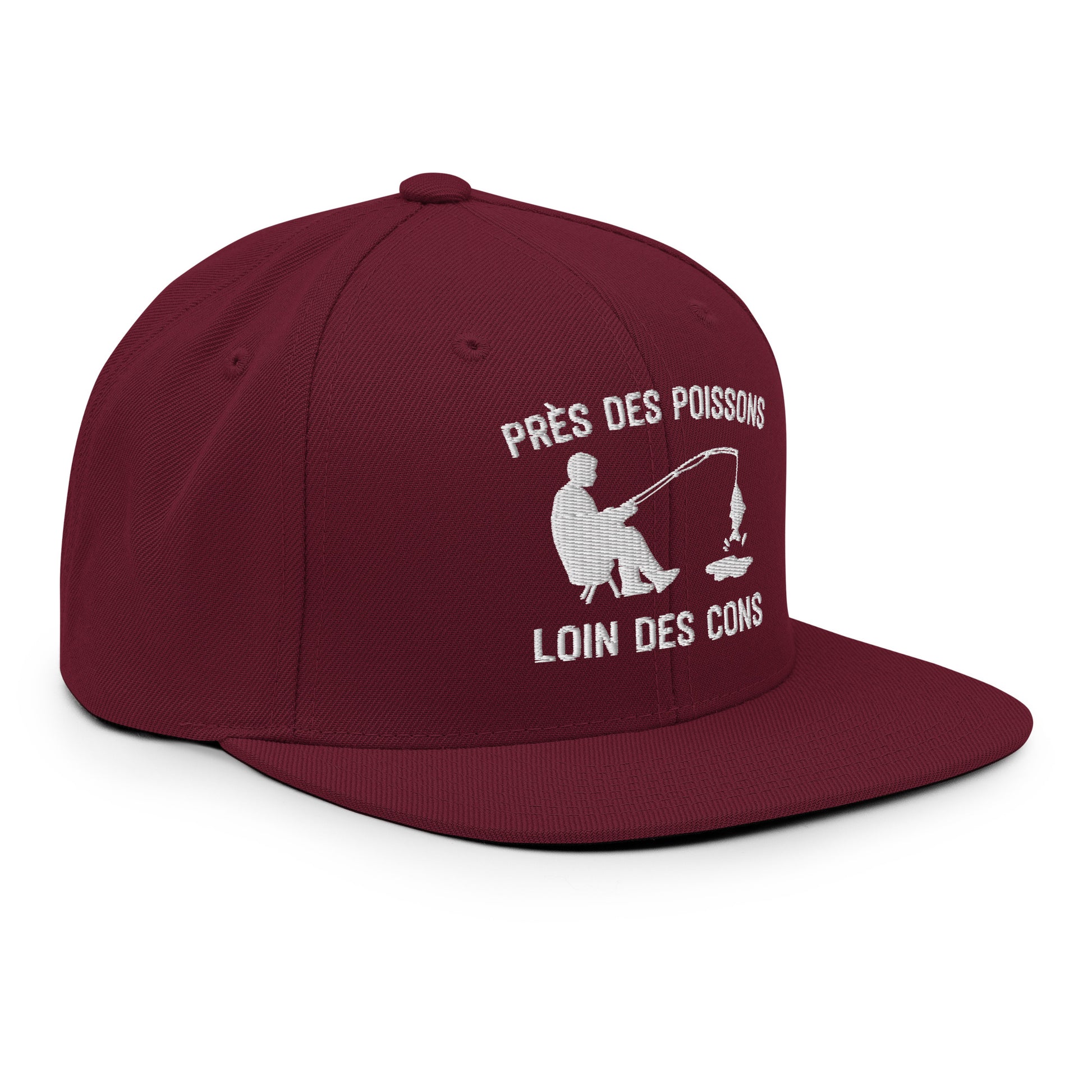 Casquette Snapback, brodée « Près des poissons, loin des cons », en Bordeaux, vue de trois quarts, image 57