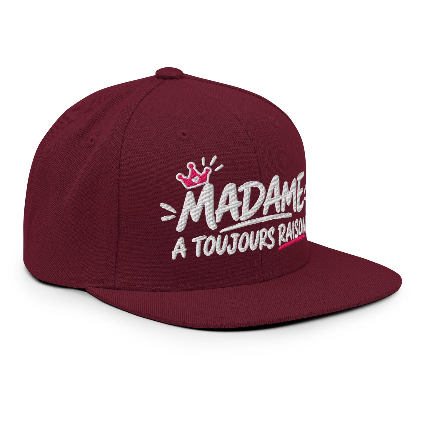 Casquette Snapback, brodée « Madame à toujours raison », en Bordeaux, vue de trois quarts, image 51