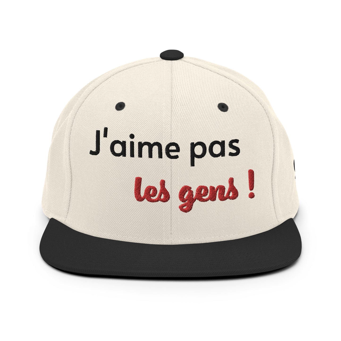 Casquette SnapBack de couleur beige et noire "J'aime pas les gens !"