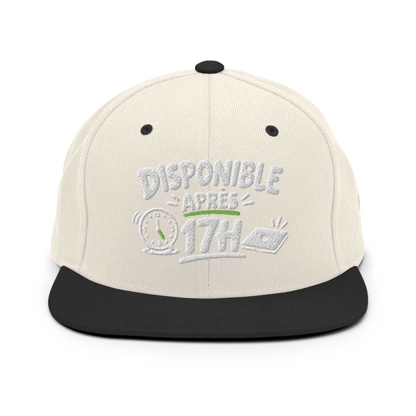 Casquette Snapback, brodée « Disponible après 17h », en Noir, vue de face, image 5