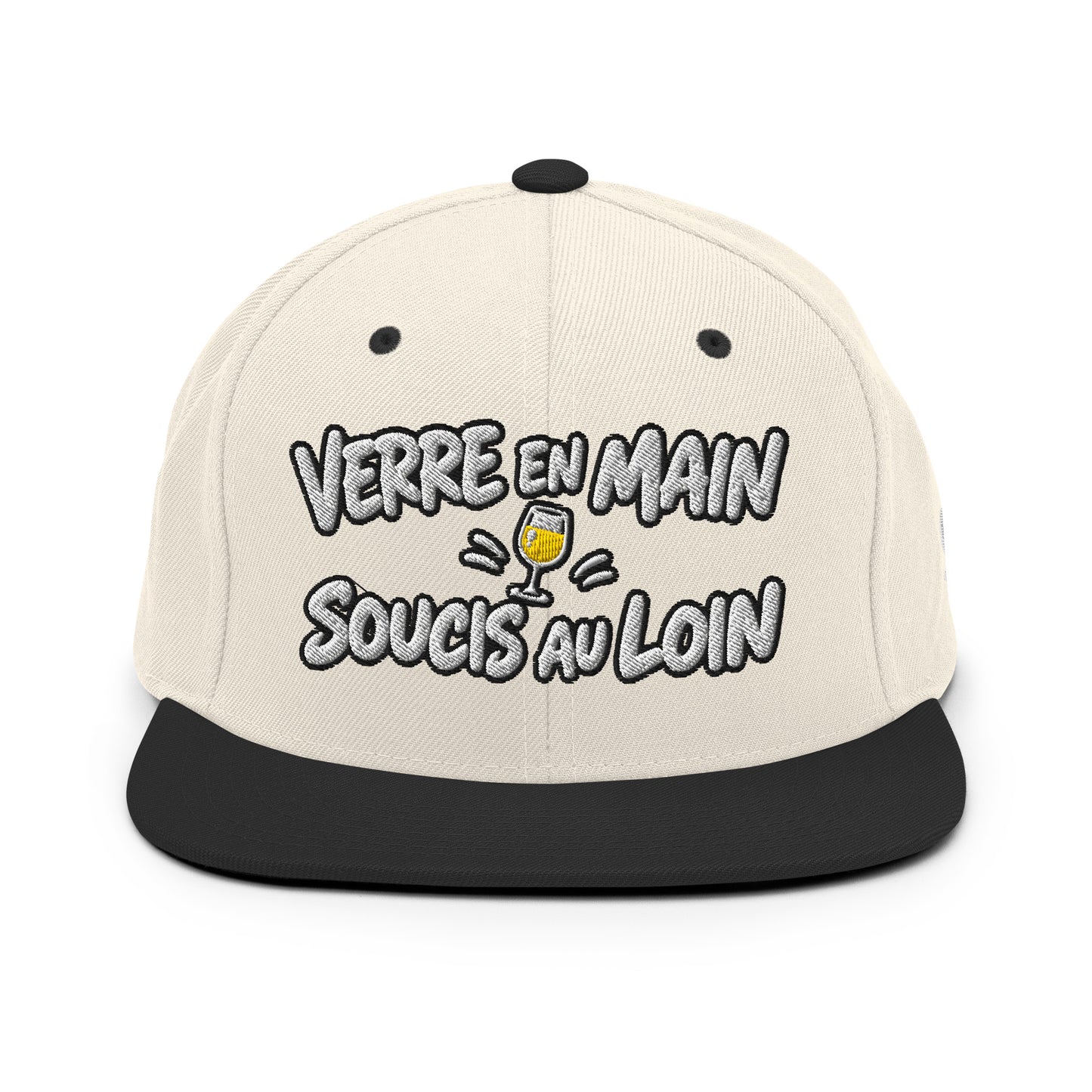 Casquette Snapback, brodée « Verre en main, souci au loin », en Noir, vue de face, image 8