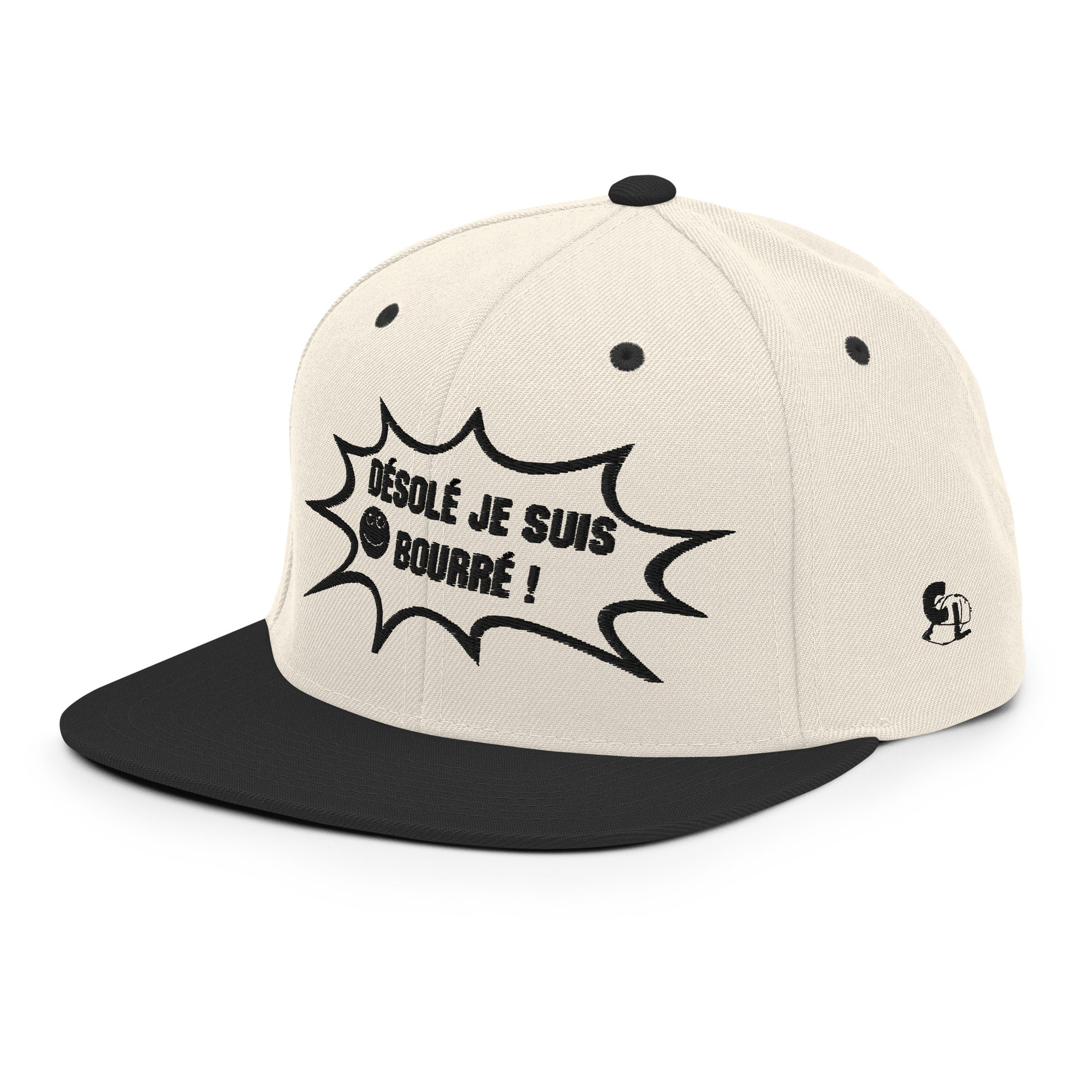 Casquette Snapback, brodée « Désolé je suis bourré », vue de trois quarts