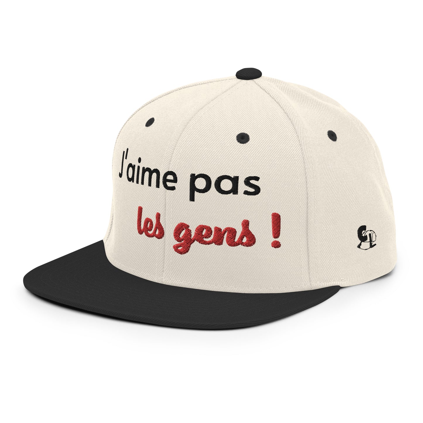 Casquette SnapBack de couleur beige et noire "J'aime pas les gens !"