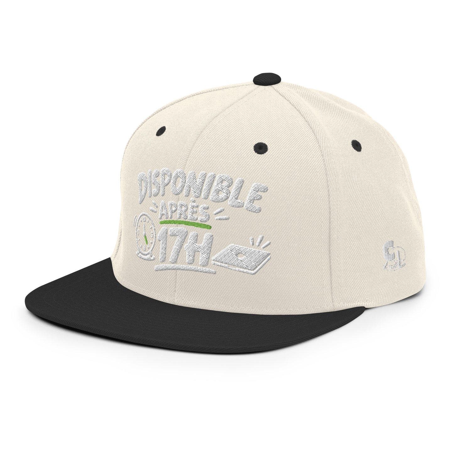 Casquette Snapback, brodée « Disponible après 17h », en Noir, vue de trois quarts, image 100