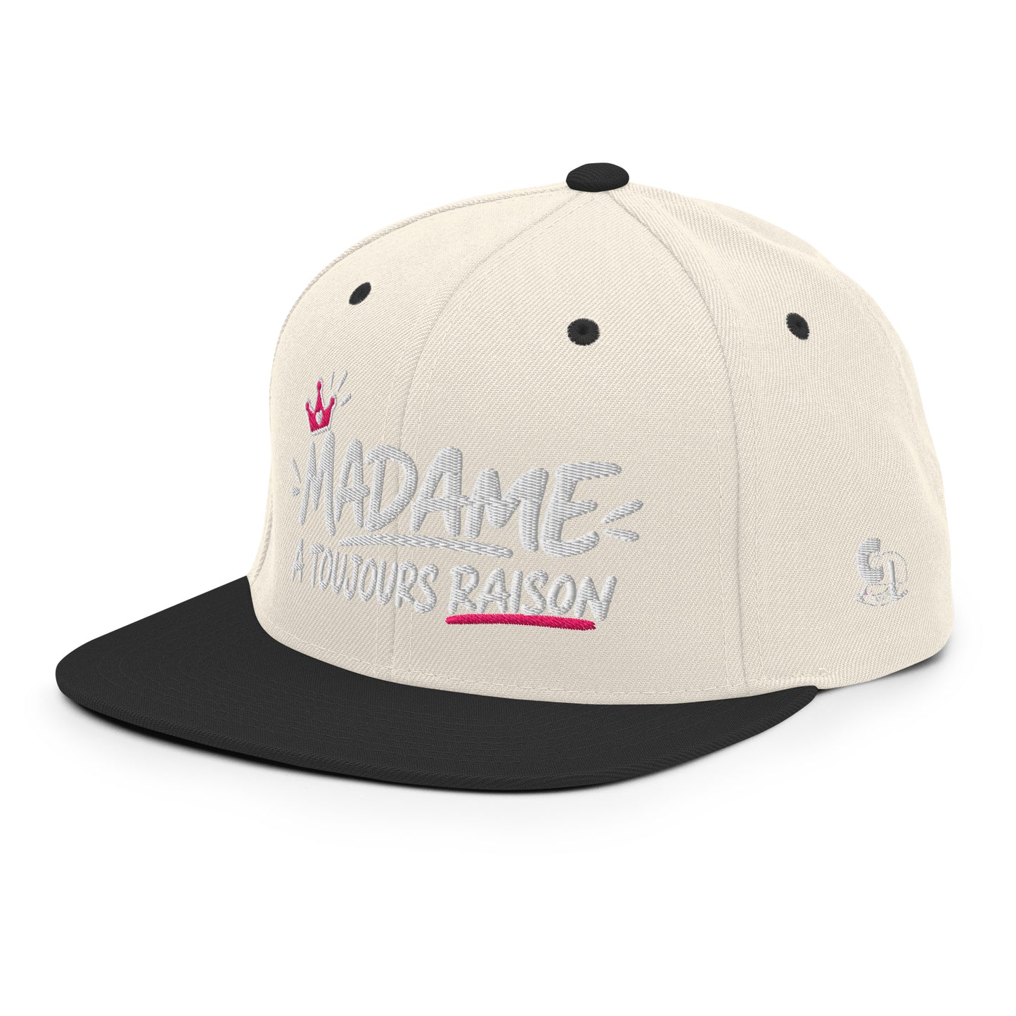 Casquette Snapback, brodée « Madame à toujours raison », en Noir, vue de trois quarts, image 100