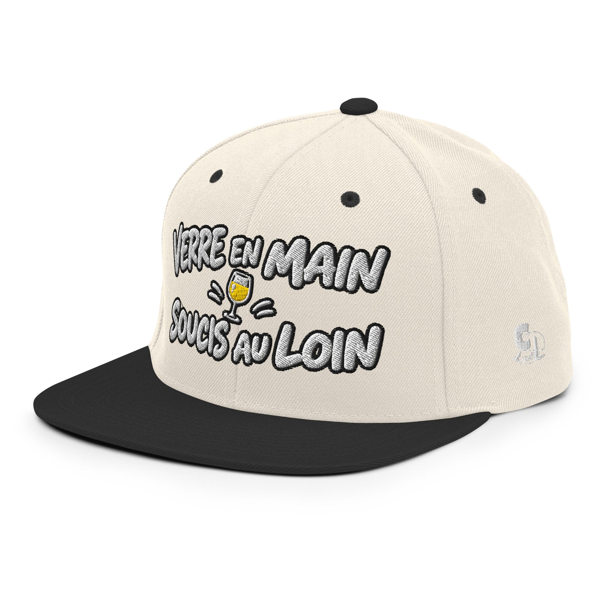 Casquette Snapback, brodée « Verre en main, souci au loin », en Noir, vue de trois quarts, image 100