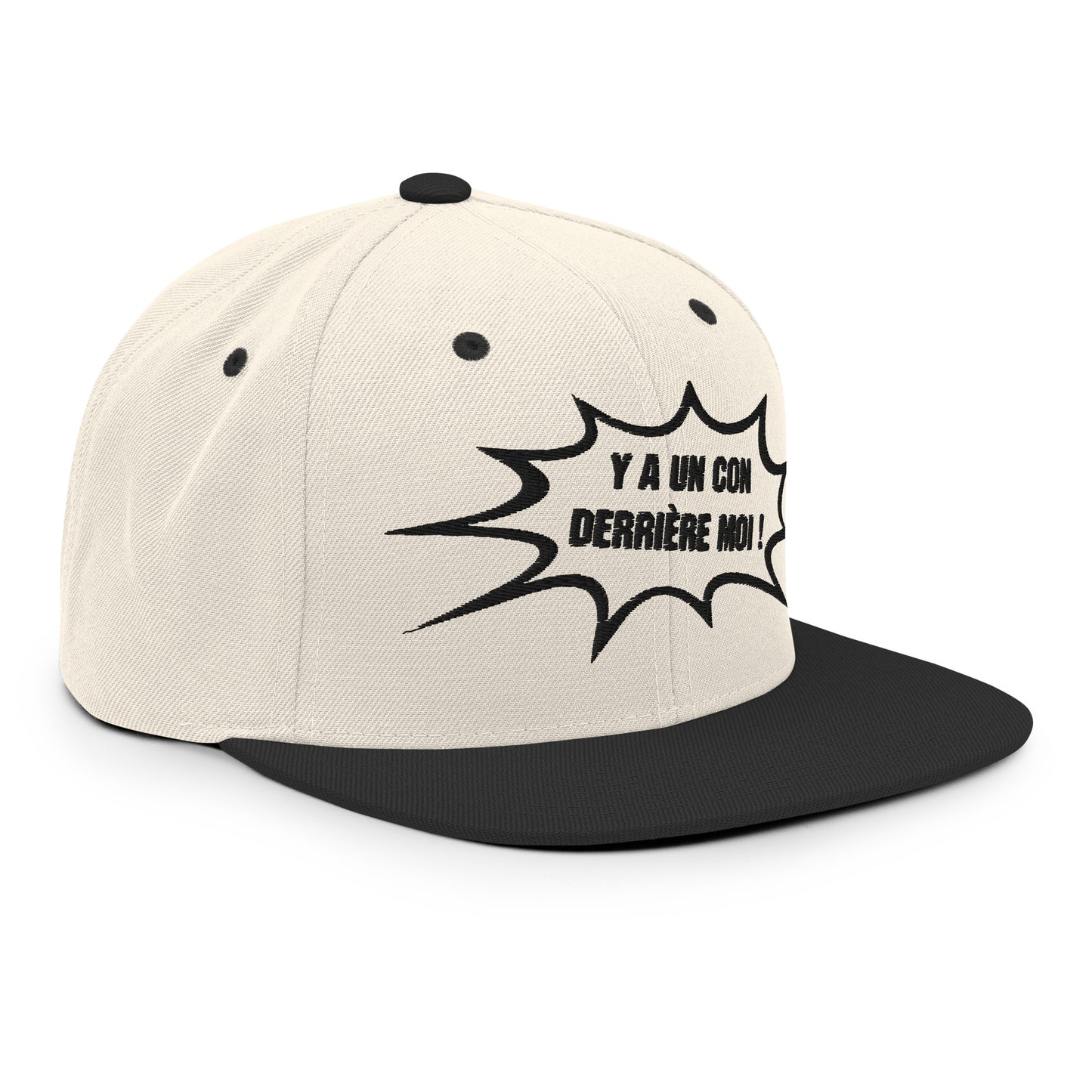 Casquette SnapBack de couleur beige et noire "Y a un con derrière moi"