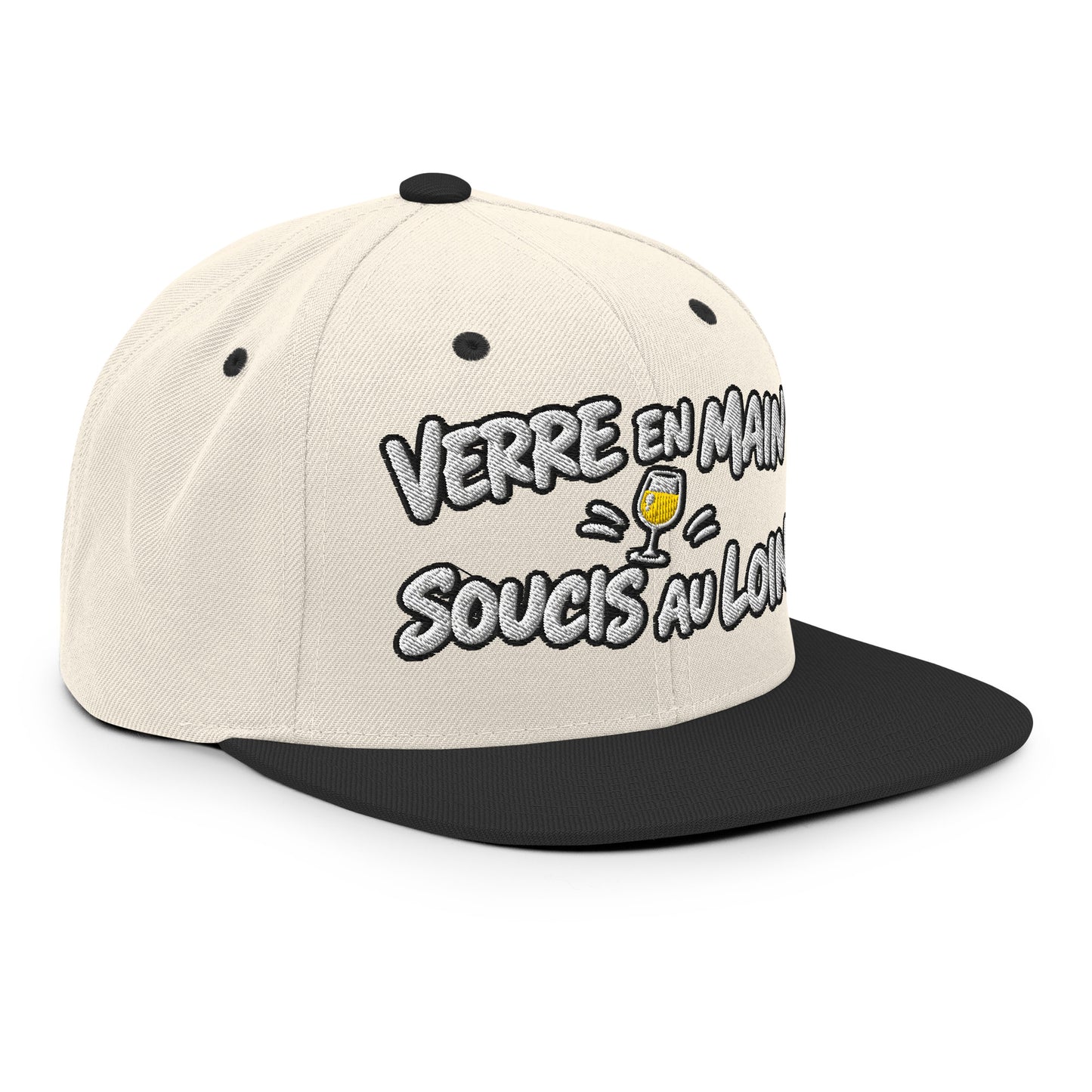 Casquette Snapback, brodée « Verre en main, souci au loin », en Noir, vue de trois quarts, image 102