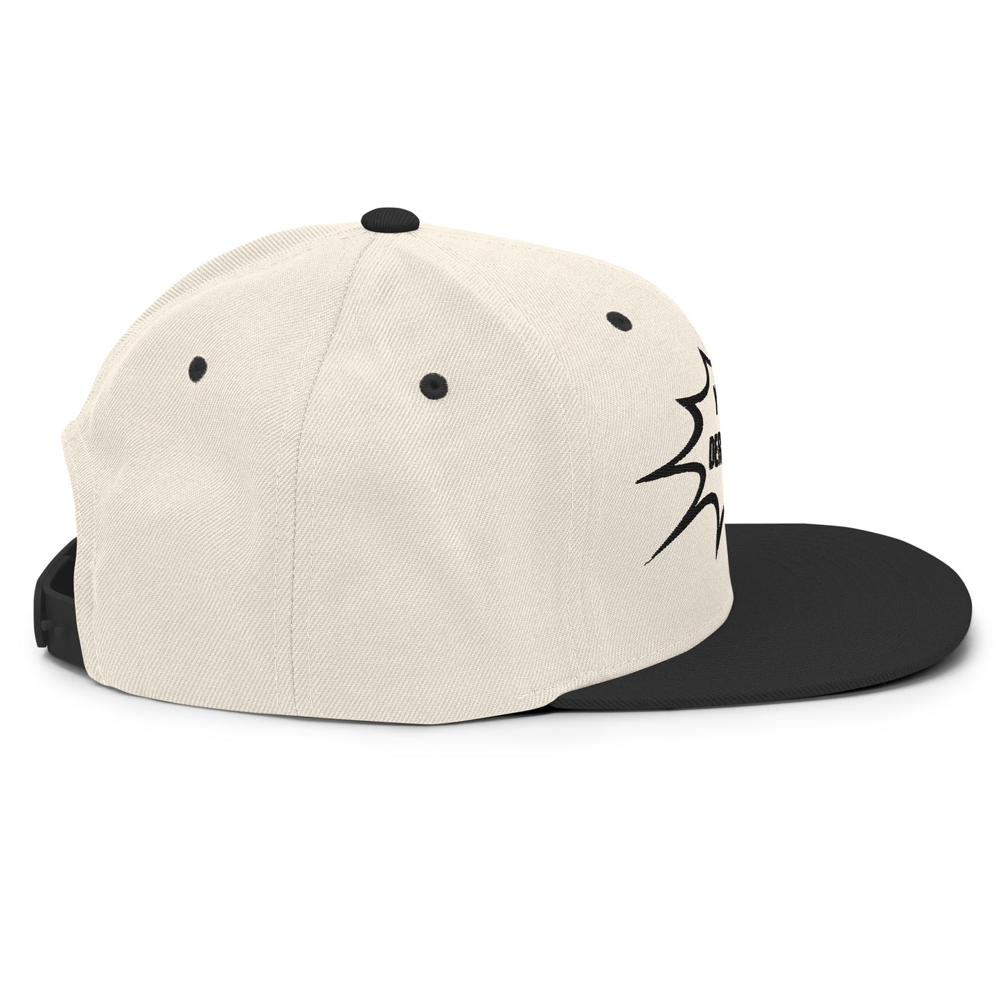 Casquette SnapBack de couleur beige et noire "Y a un con derrière moi"