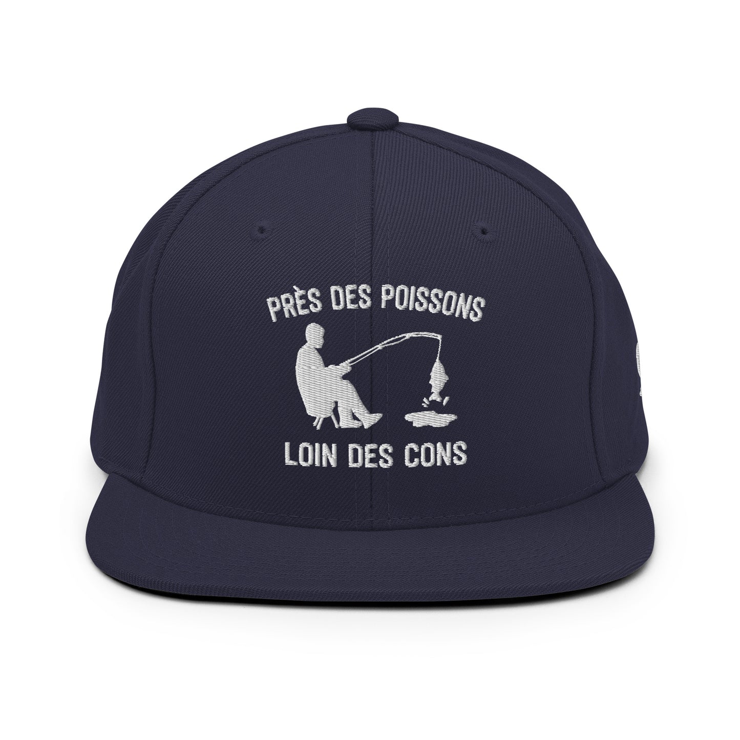 Casquette Snapback, brodée « Près des poissons, loin des cons », en Bleu Marine Foncé, vue de face, image 11
