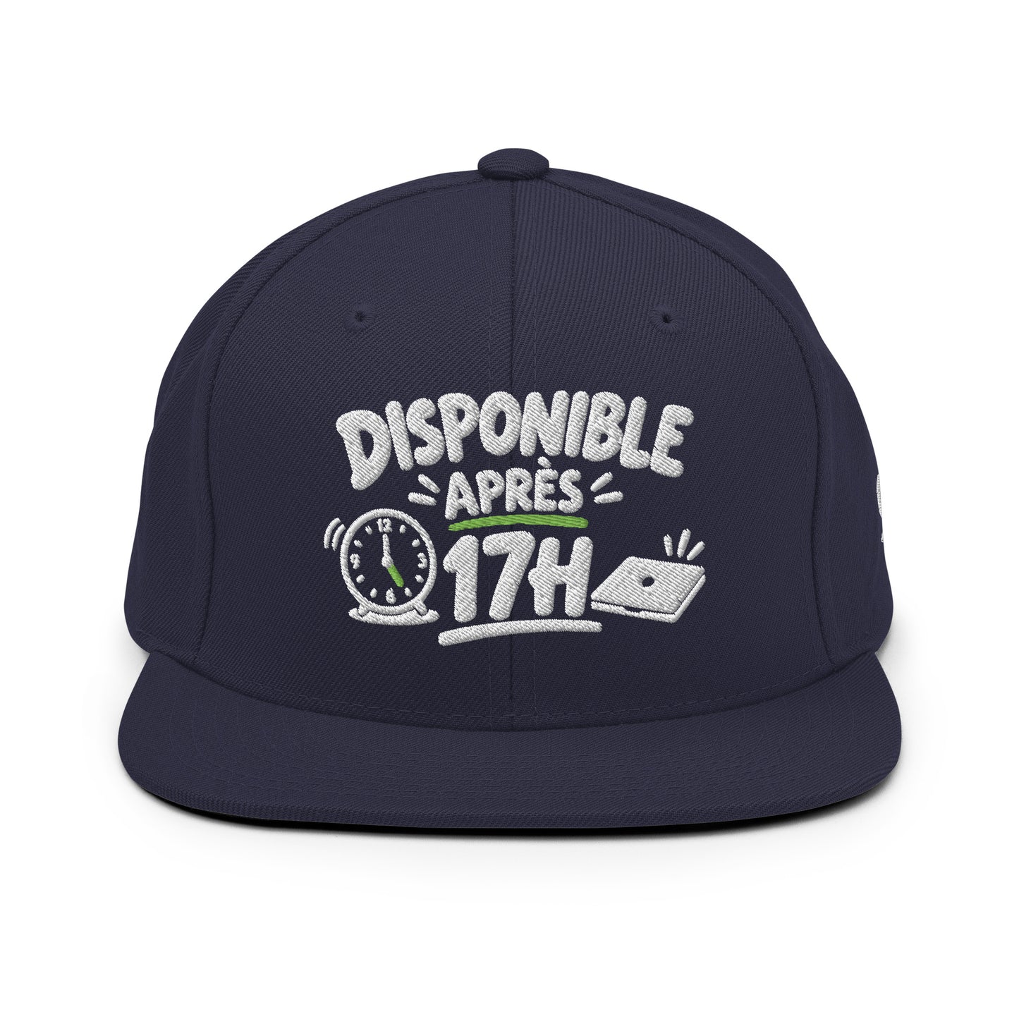 Casquette Snapback, brodée « Disponible après 17h », en Bleu Marine Foncé, vue de face, image 13