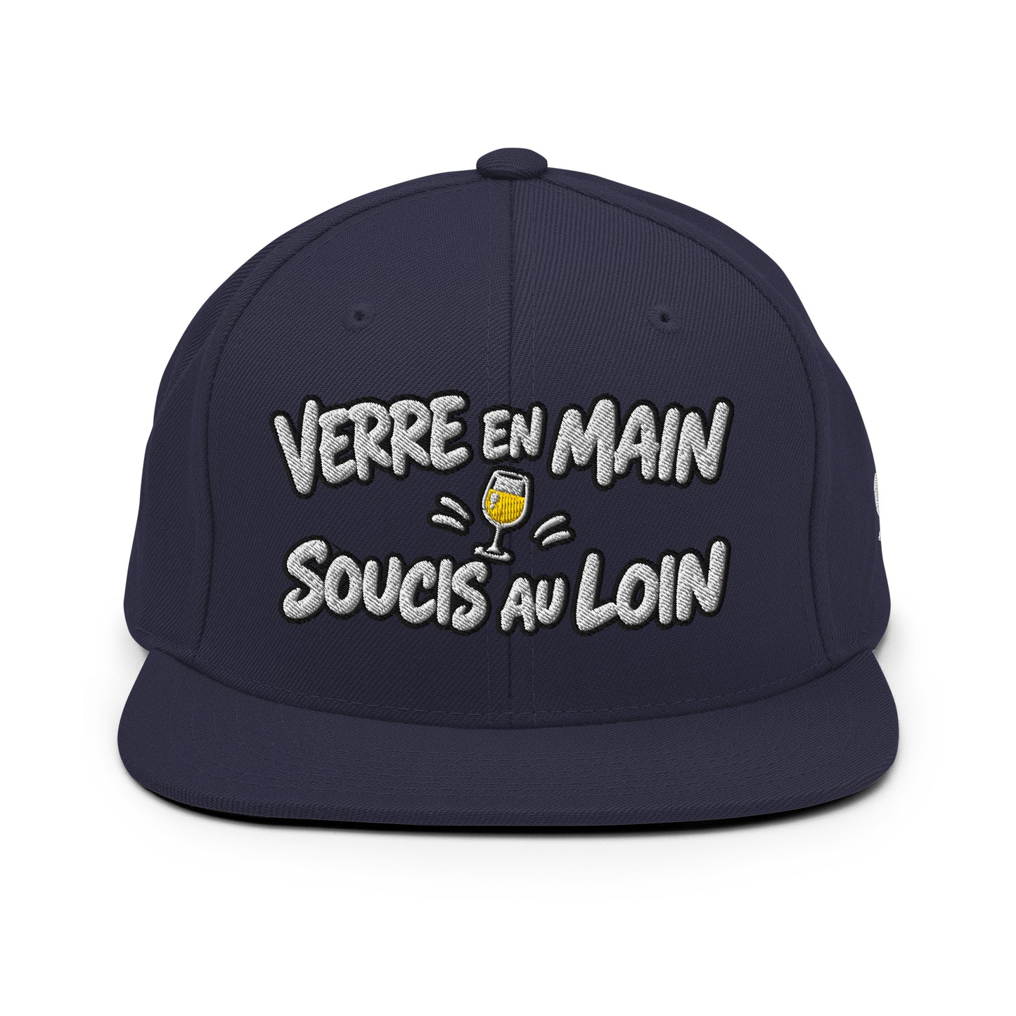 Casquette Snapback, brodée « Verre en main, souci au loin », en Bleu Marine Foncé, vue de face, image 16