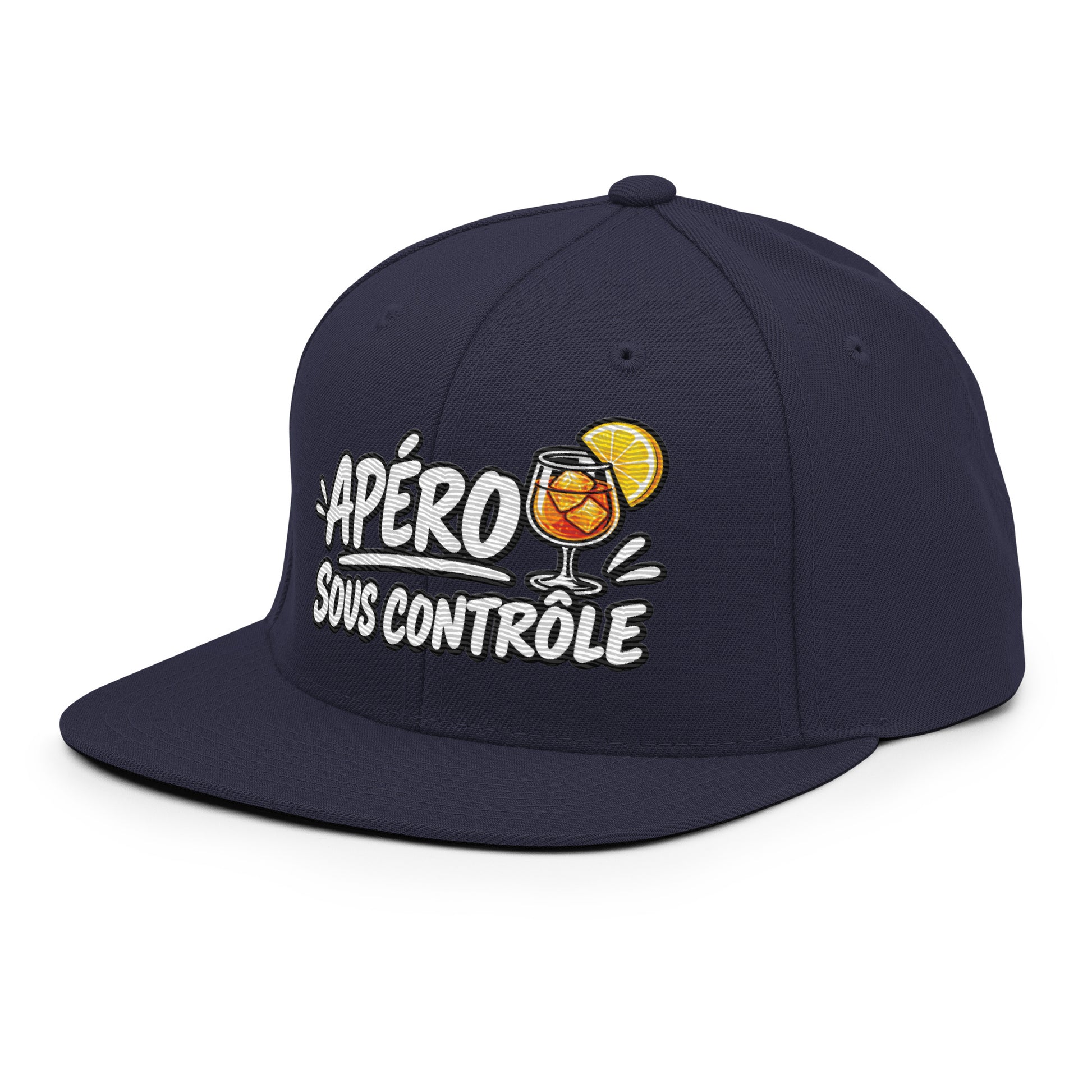 Casquette Snapback, brodée « Apéro sous contrôle », en Bleu Marine Foncé, vue de trois quarts, image 60