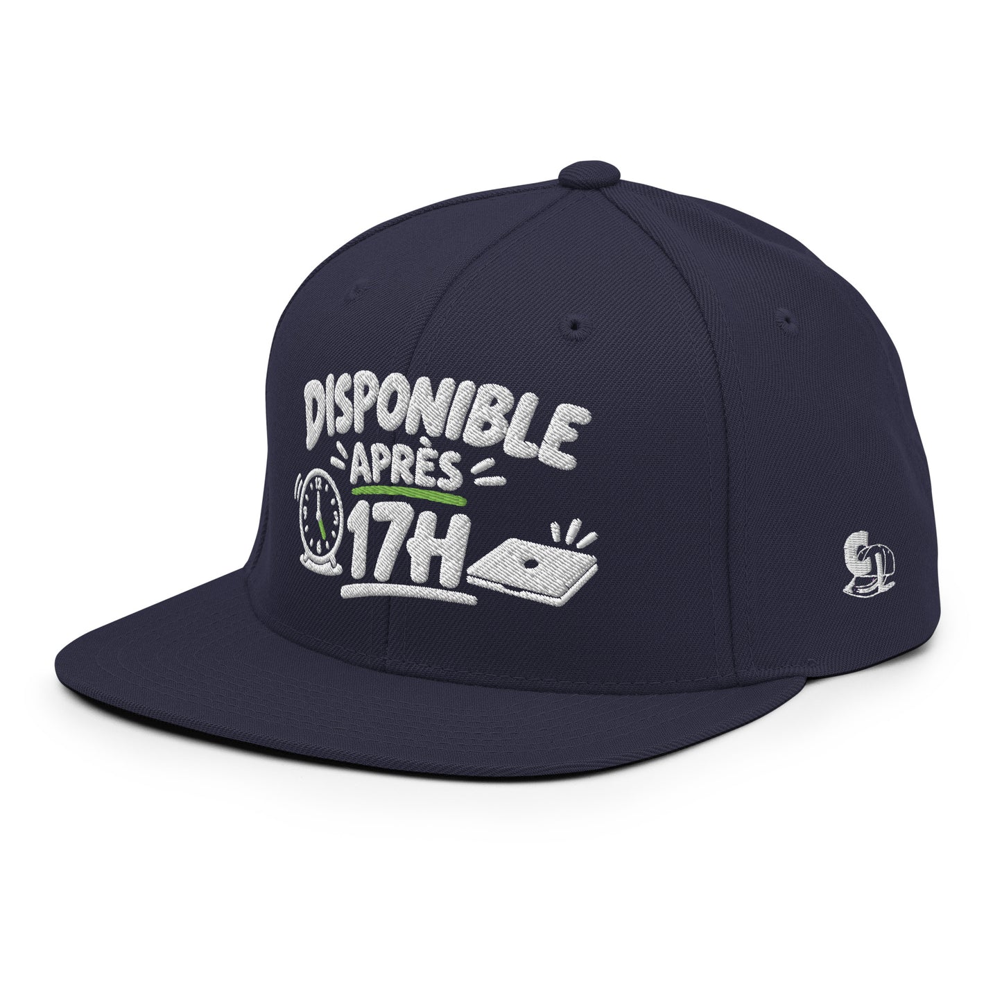 Casquette Snapback, brodée « Disponible après 17h », en Bleu Marine Foncé, vue de trois quarts, image 61