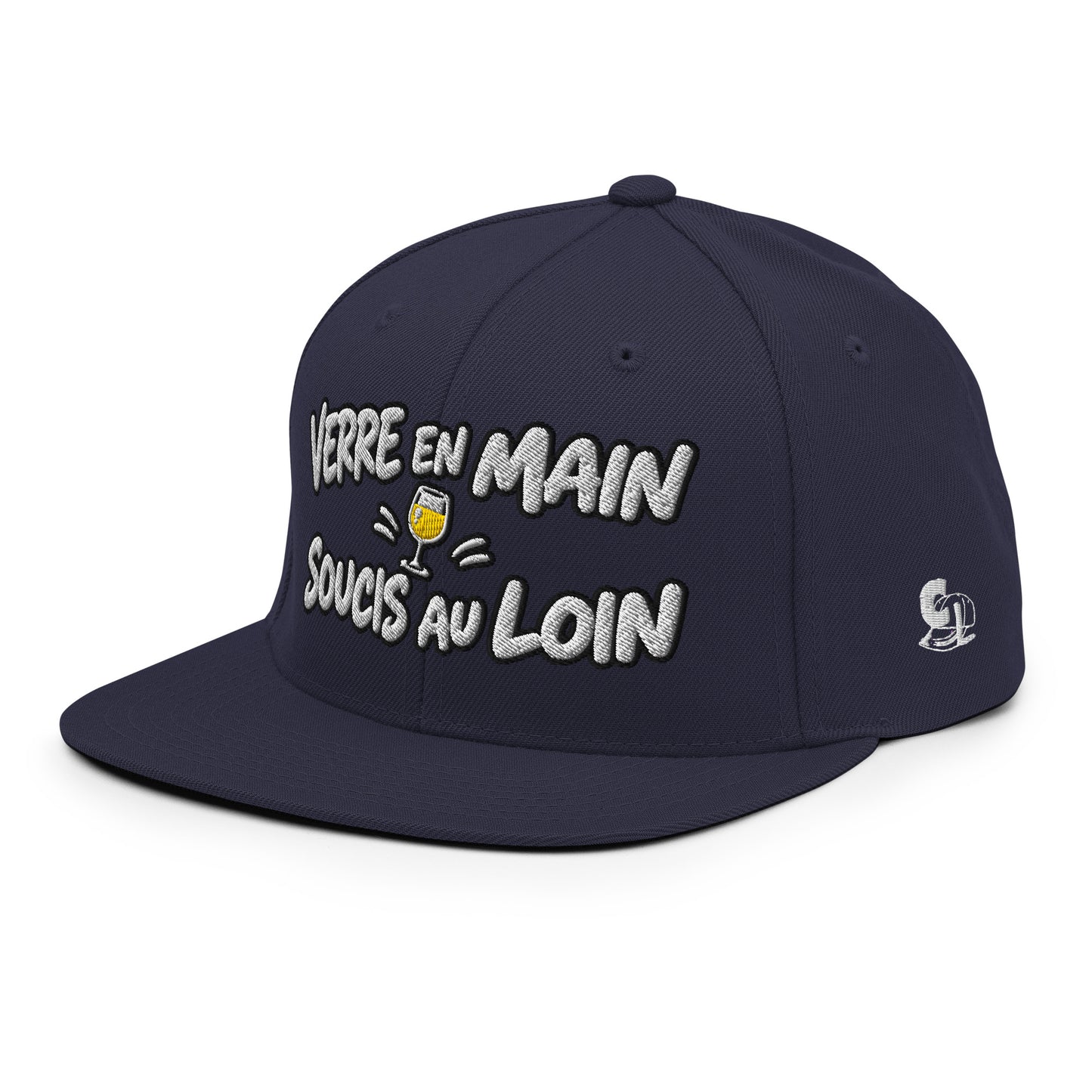 Casquette Snapback, brodée « Verre en main, souci au loin », en Bleu Marine Foncé, vue de trois quarts, image 60