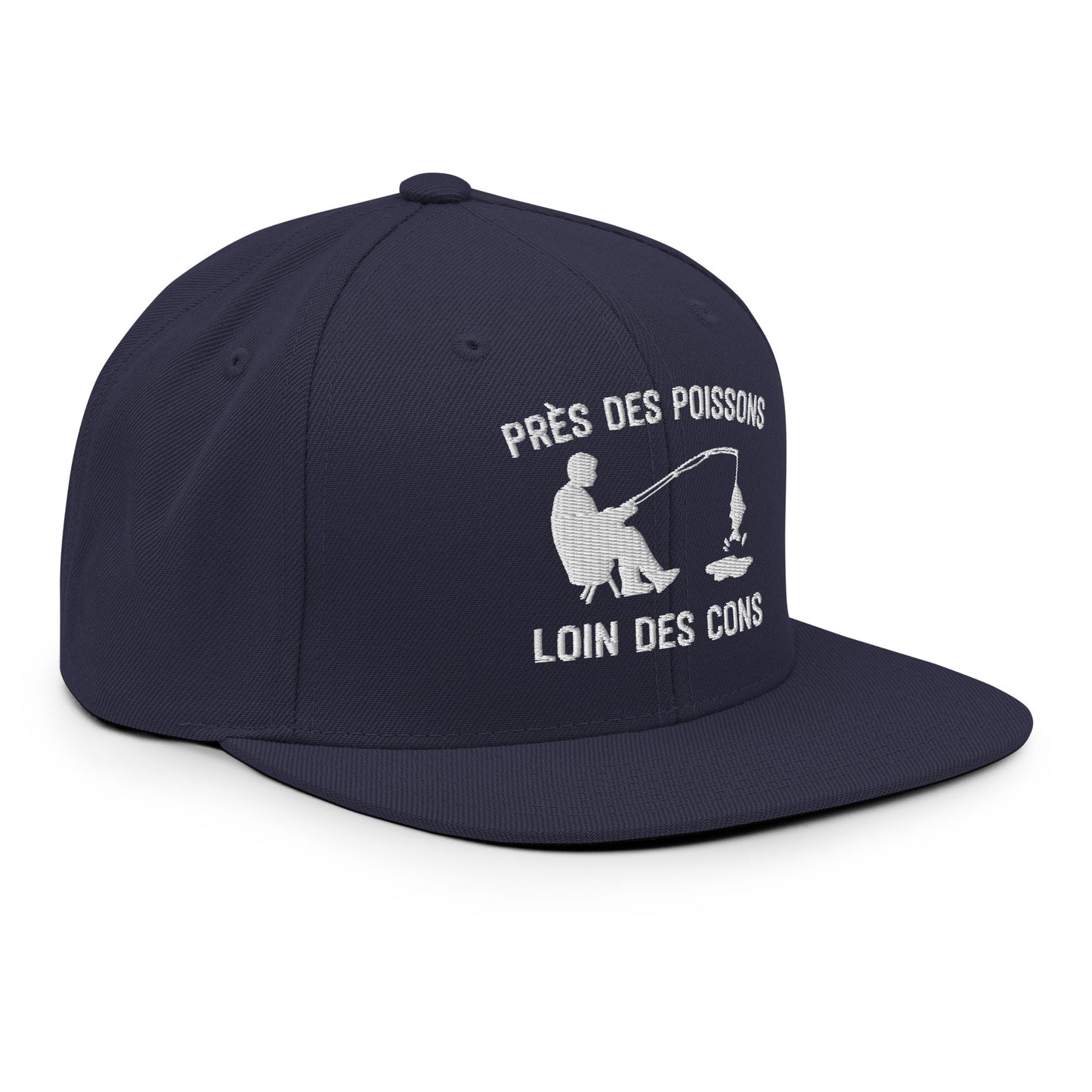 Casquette Snapback, brodée « Près des poissons, loin des cons », en Bleu Marine Foncé, vue de trois quarts, image 67